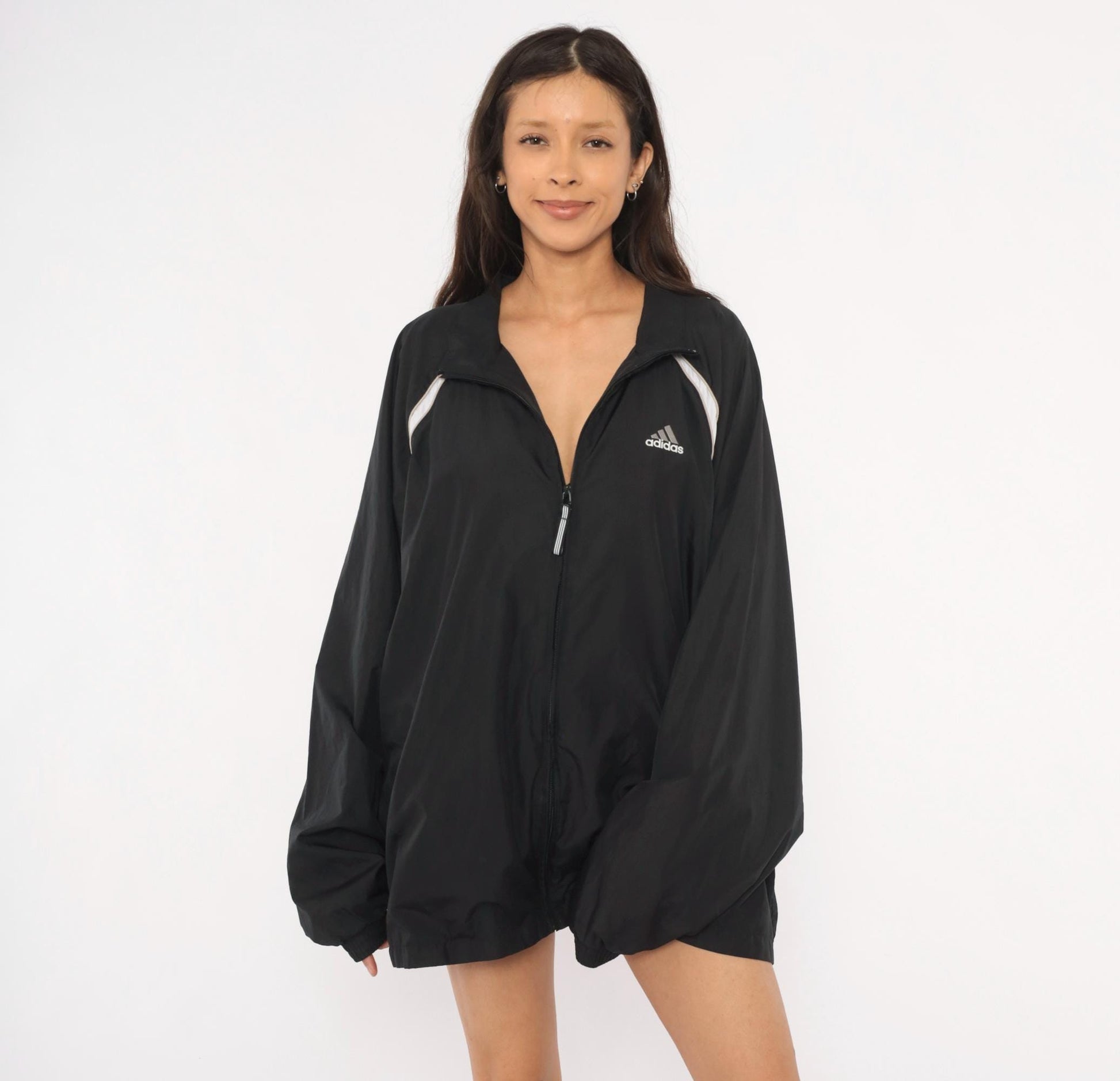 2000s Adidas Black Windbreaker White Stripe Raglan Jacket Plus Size XXL