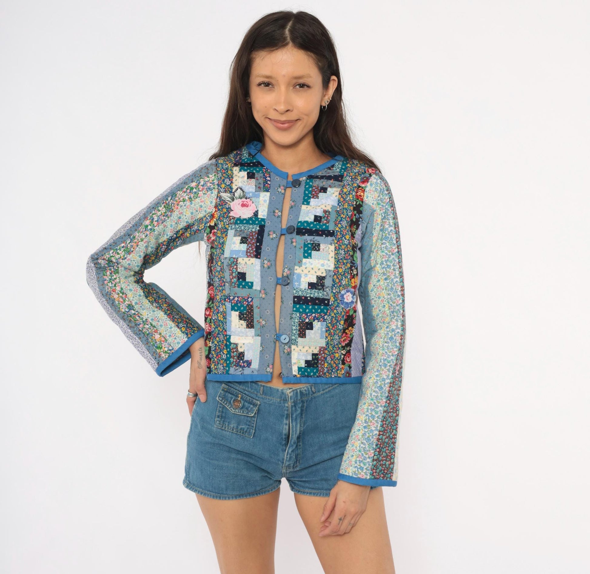 90s Calico Patchwork Quilted Jacket Log Cabin Floral Cotton Blue Navy Extra Small XS