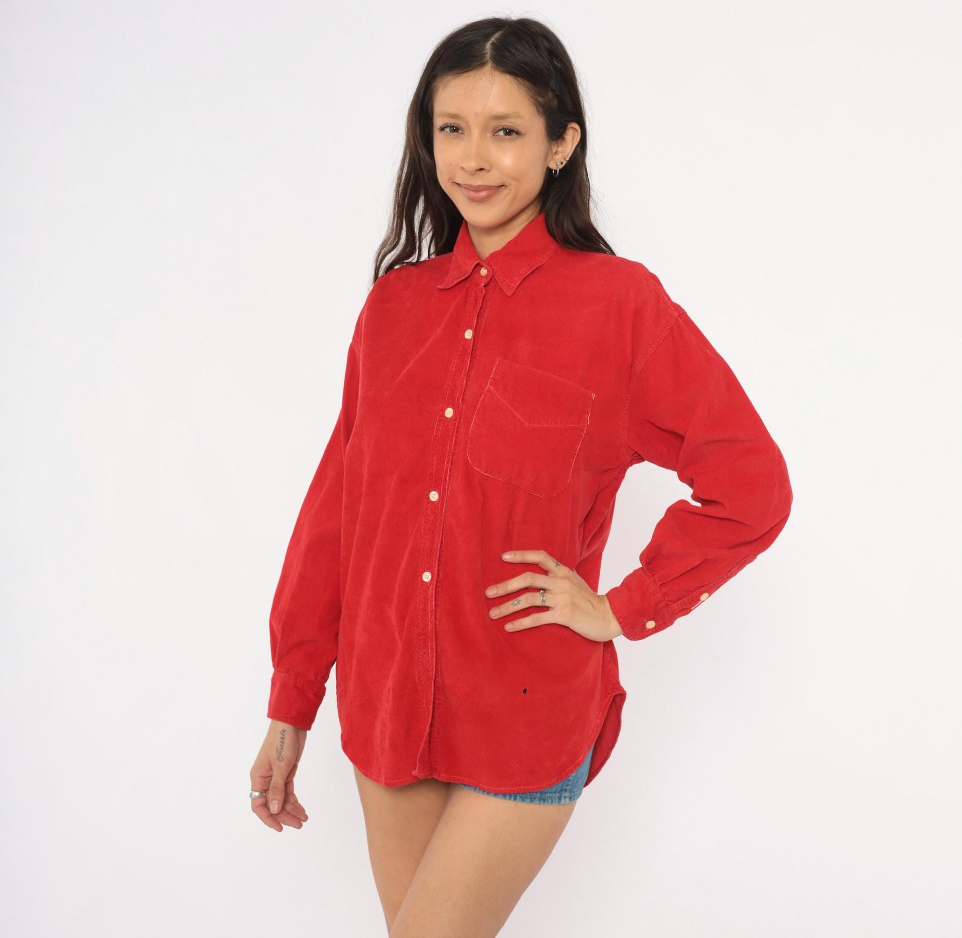90s 2 of Us Red Corduroy Button-Front Shirt Cotton Long Sleeve Medium M