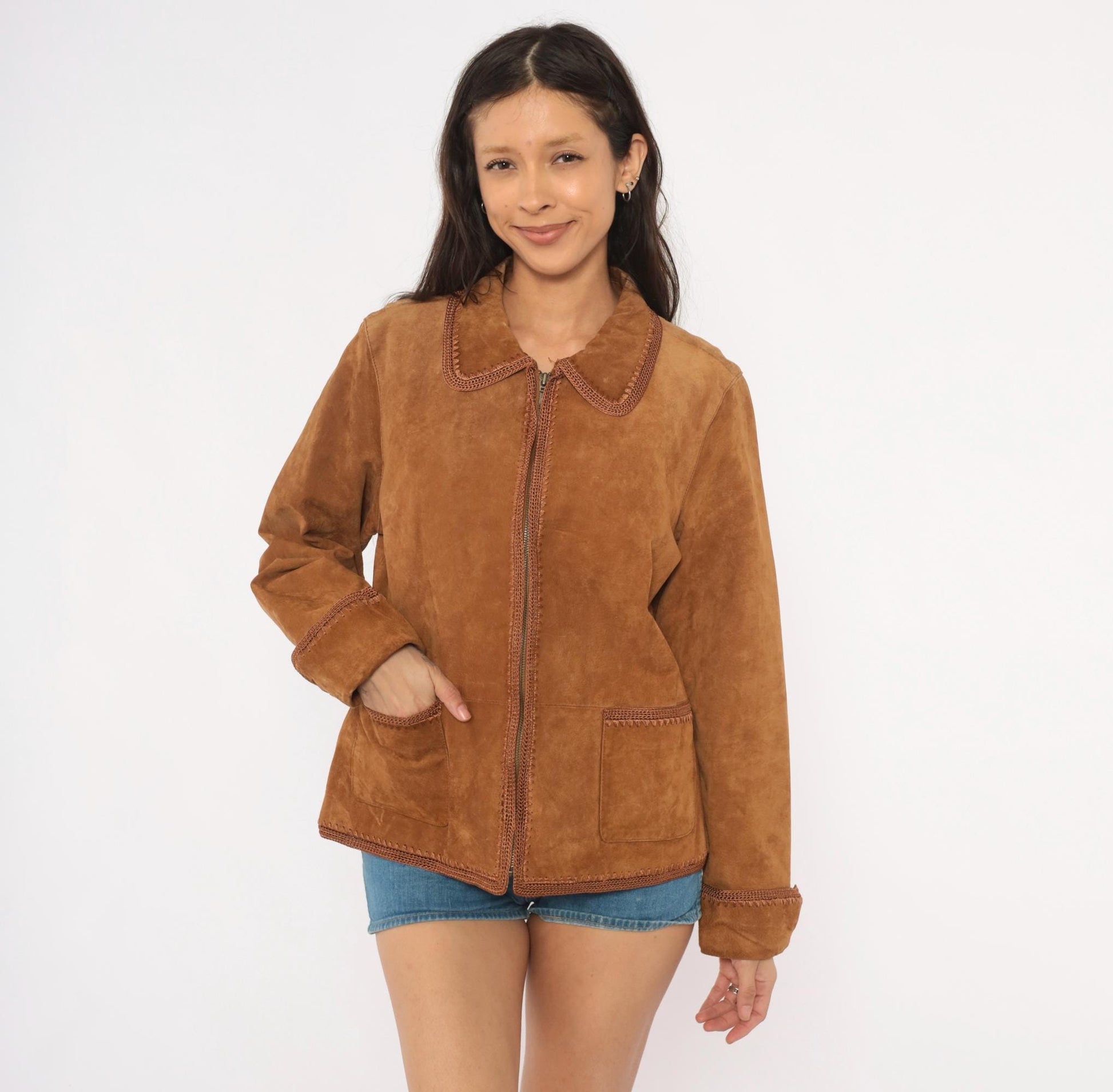 2000s Christopher & Banks Suede Jacket Brown Crochet Trim Zip Collared Large L