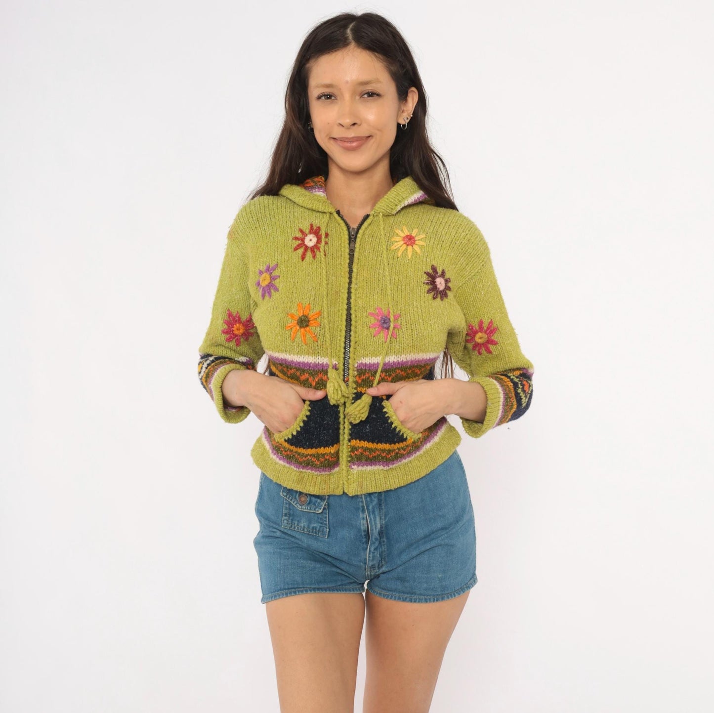 2000s Olive Wool Cropped Hooded Zip Sweater Embroidered Floral Knit XXS