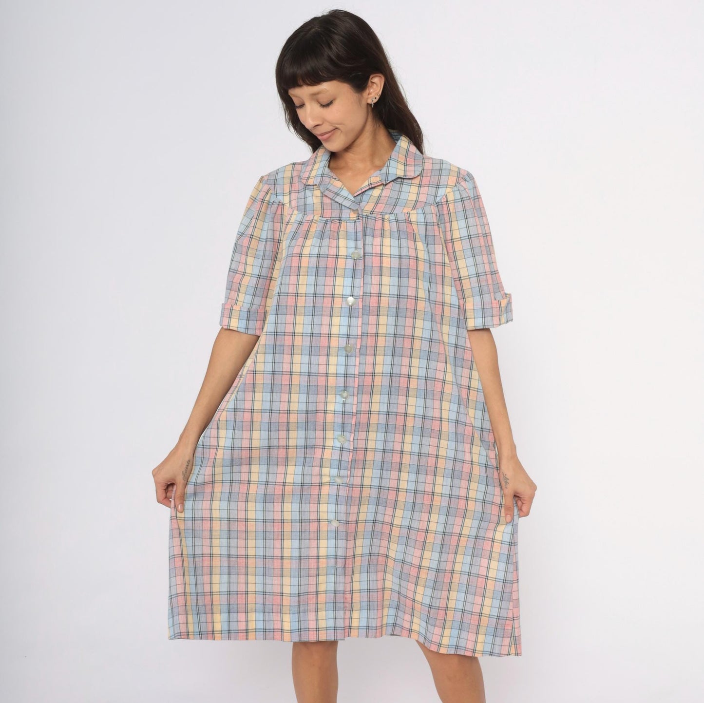 80s Pastel Plaid Cotton Shirt Dress Knee-Length Collared Housecoat Large