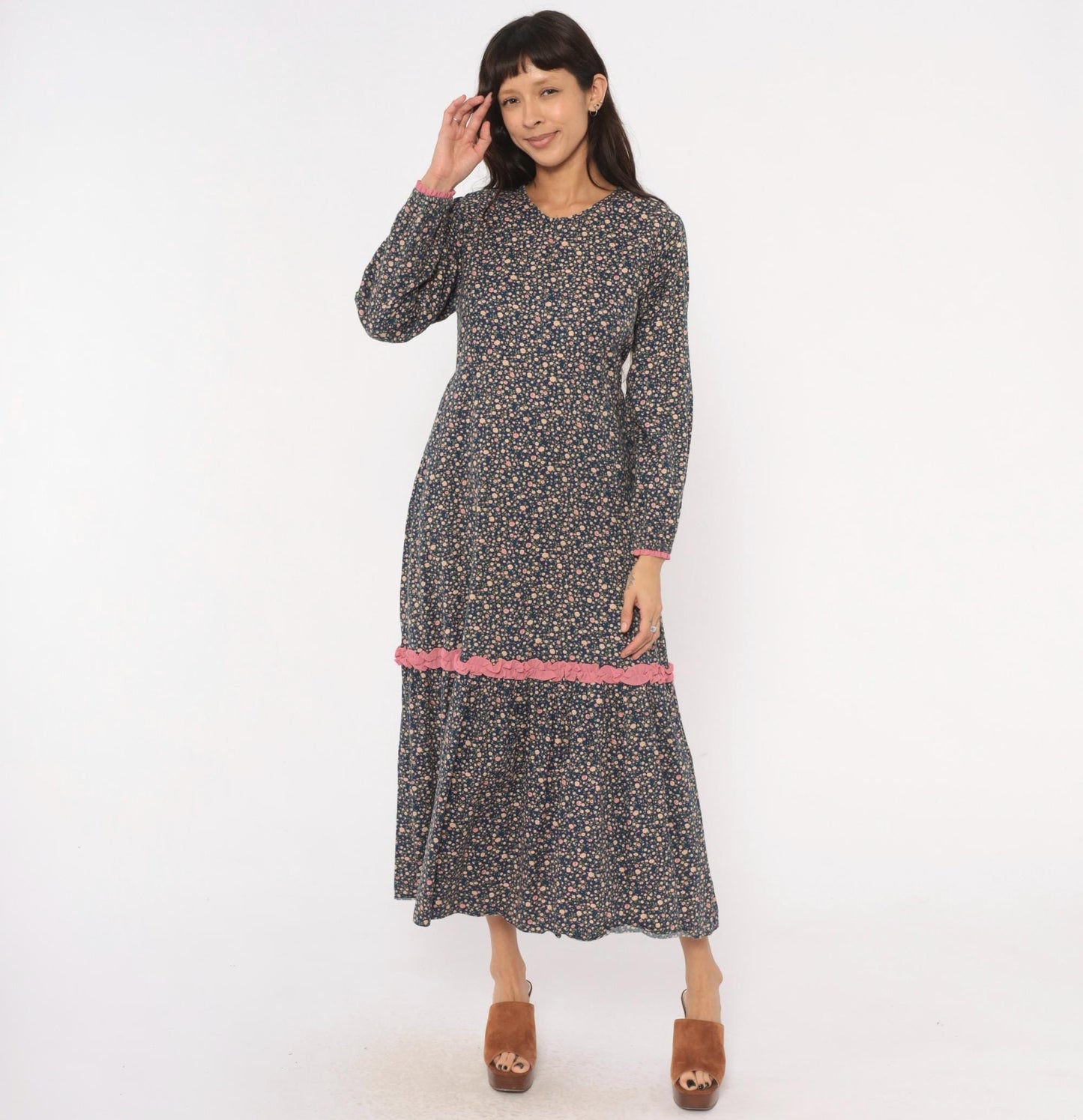 Y2K Indah Navy Floral Maxi Dress Cotton Long Sleeve Ruffle Trim Medium M