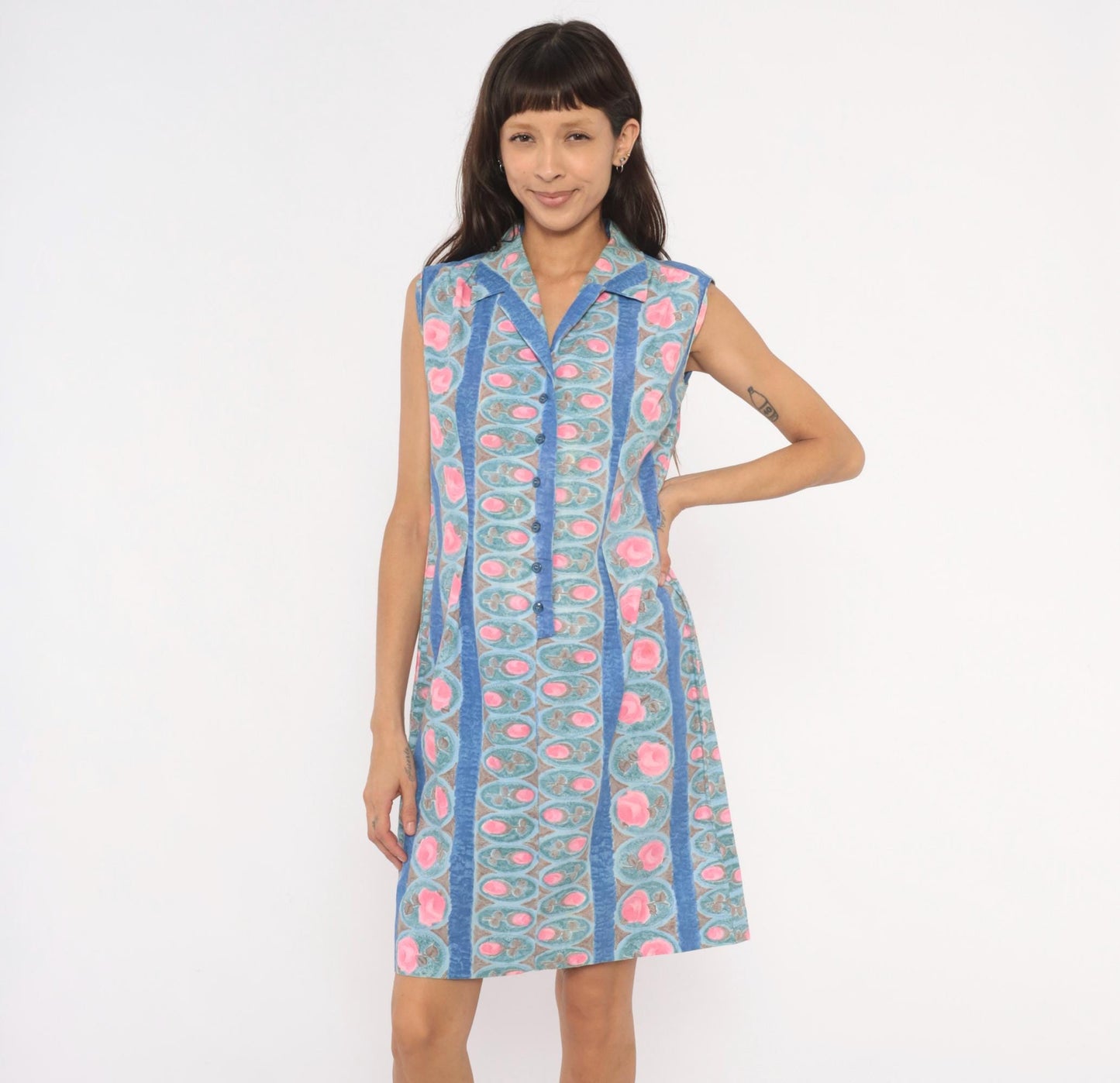 80s Floral Medallion Shirtdress Blue Pink Striped Cotton Sleeveless Medium