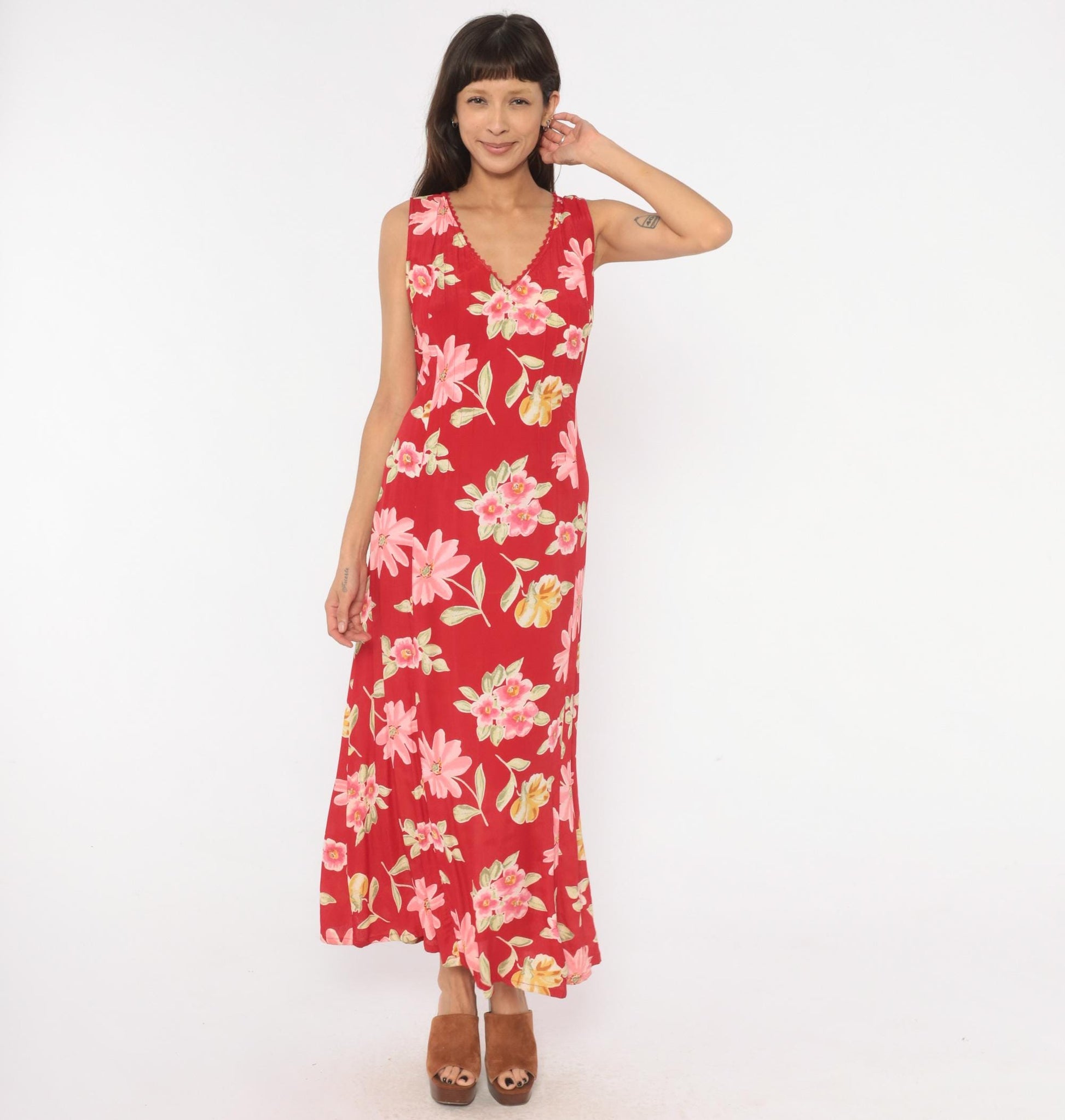 90s White Stag Red Floral Maxi Dress Sleeveless V-Neck Lace Trim Large L