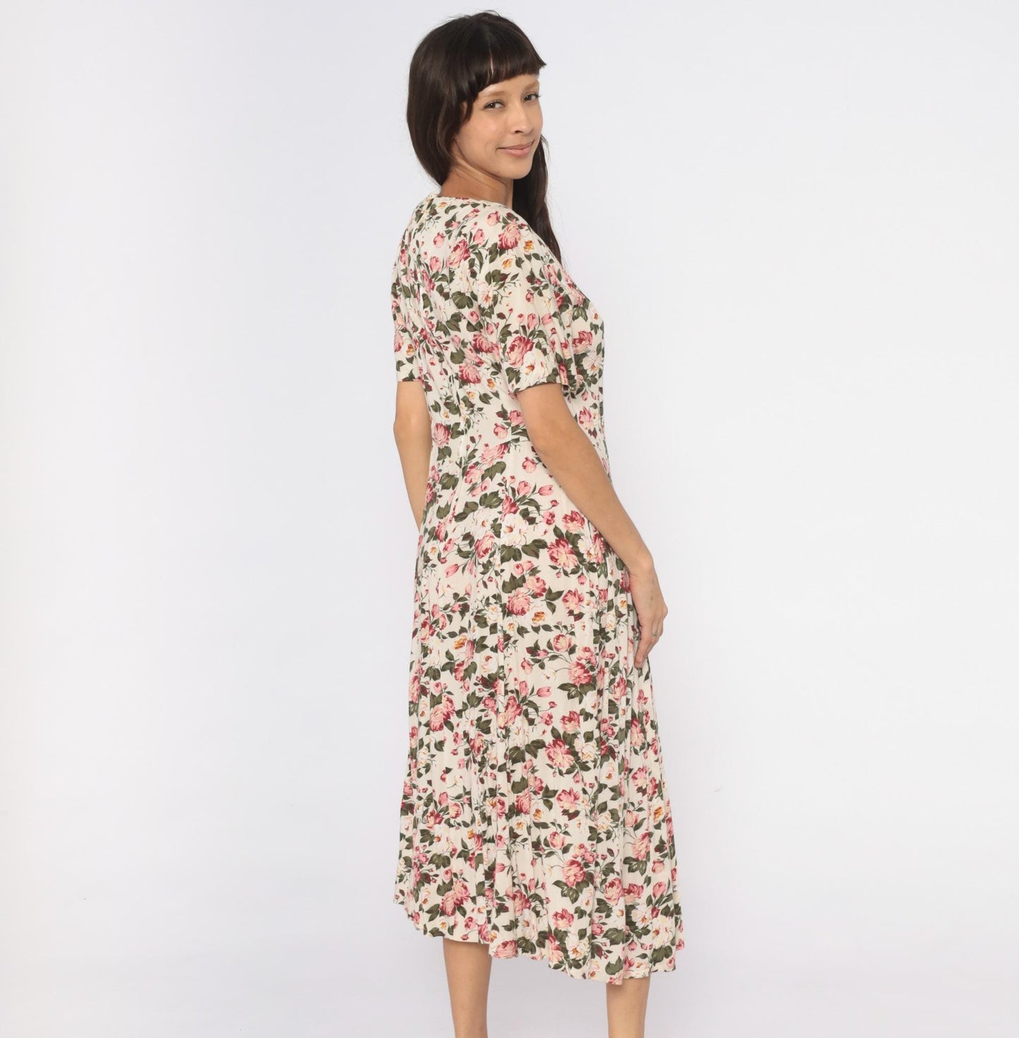 90s Jamie Brooke Midi Dress Cream Floral Tie Front Puff Sleeve Medium M