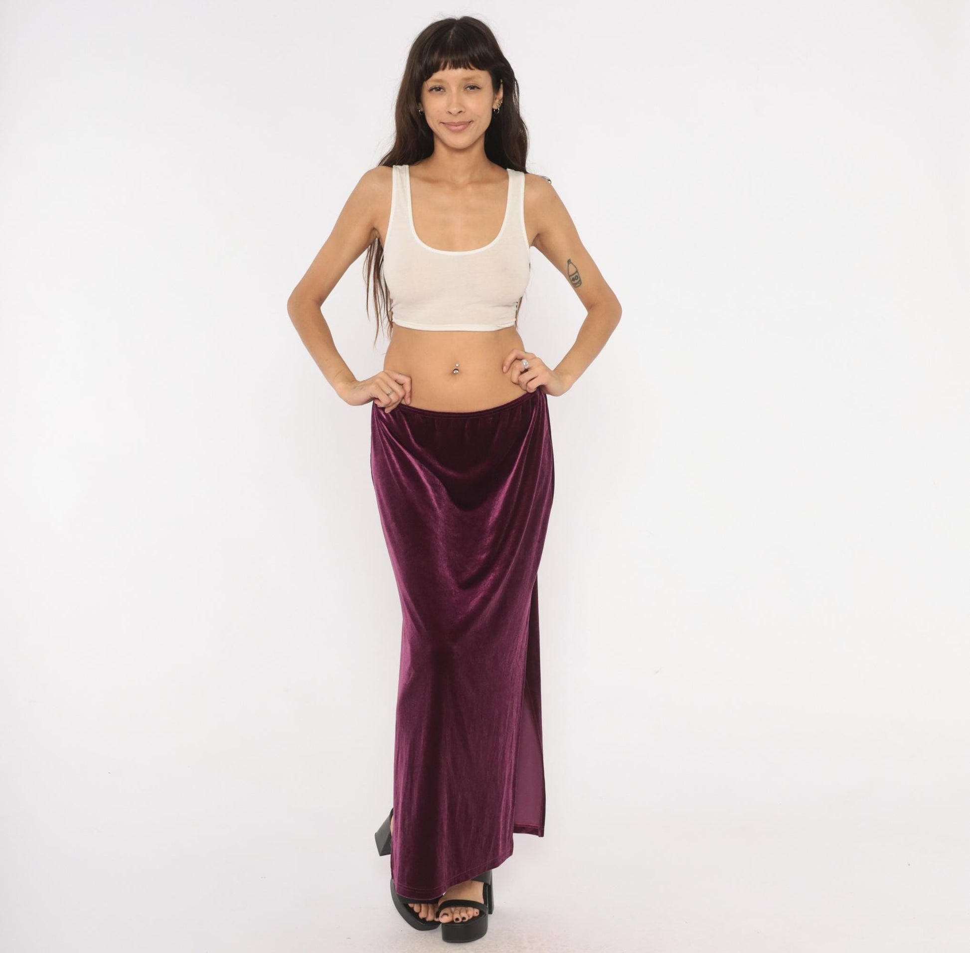 2000s Exact Change Plum Velvet Maxi Skirt A-Line Ankle Slit Extra Large XL
