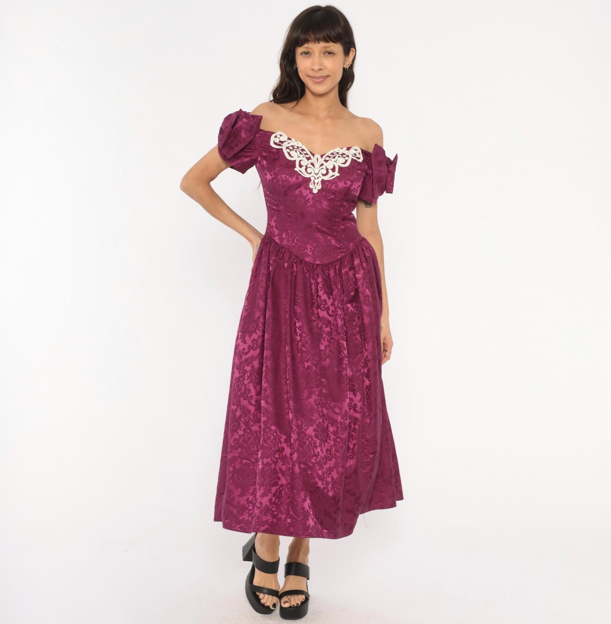 Jessica McClintock 80s Plum Brocade Puff Sleeve Gown Small