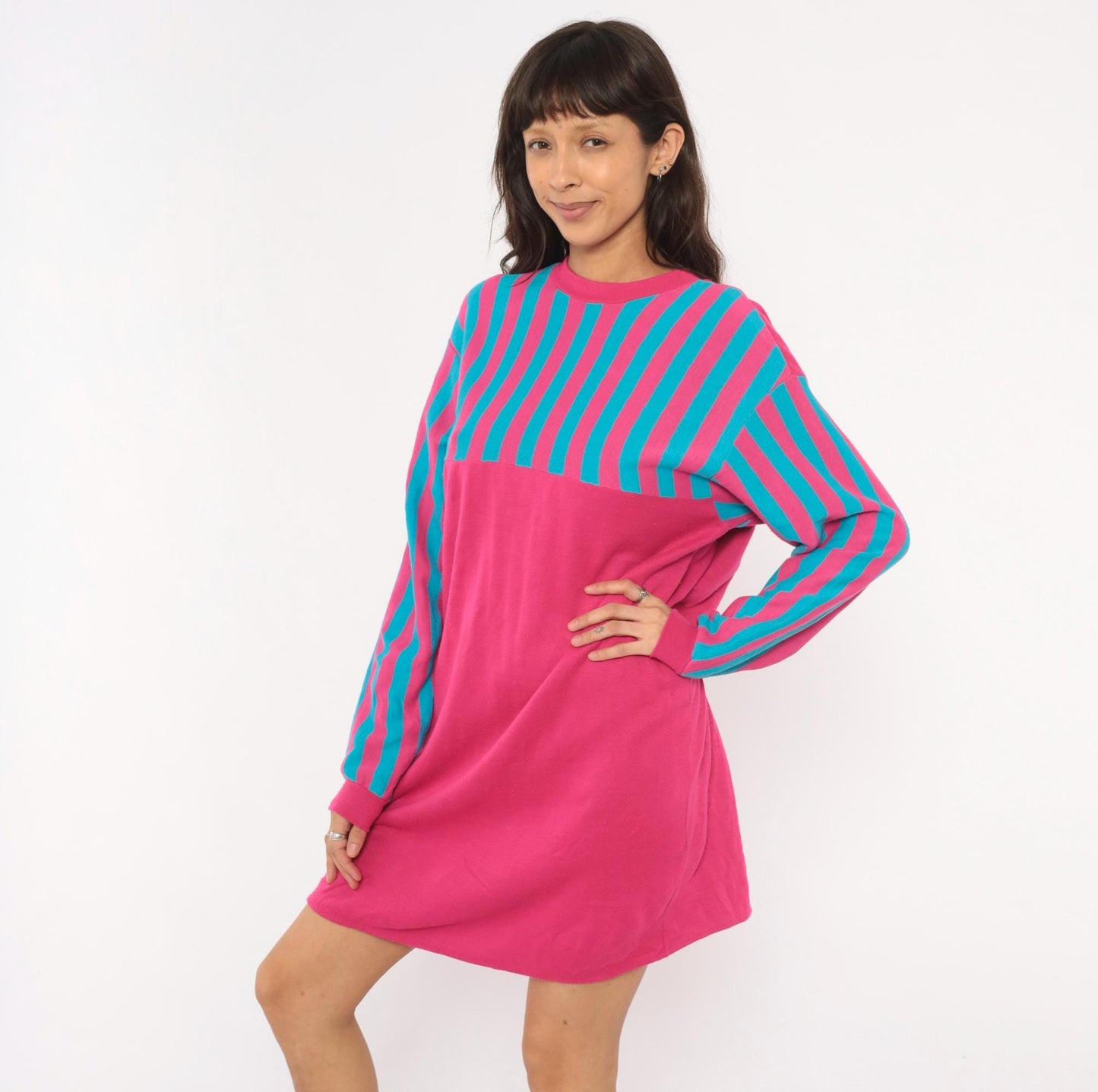 80s Sleep Mates Striped Sweatshirt Dress Hot Pink Teal Knee-Length Small