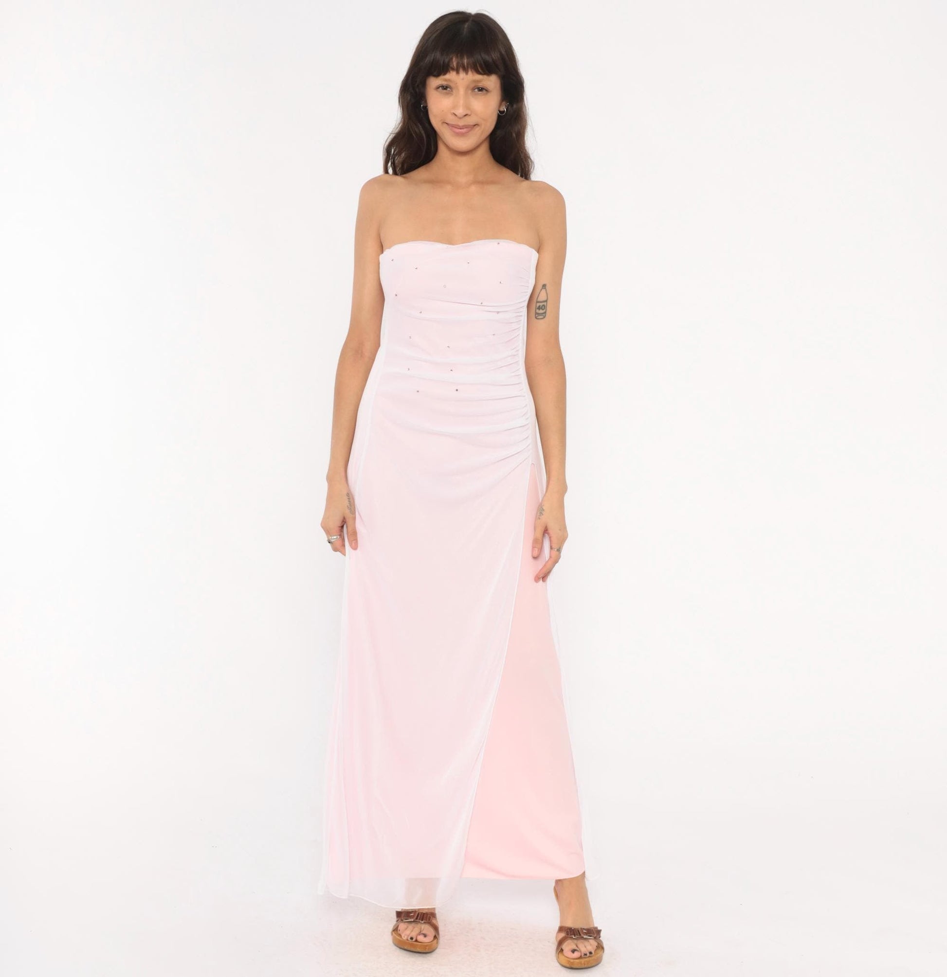 Y2K Baby Pink Strapless Maxi Gown Rhinestone Sweetheart Neckline Large L