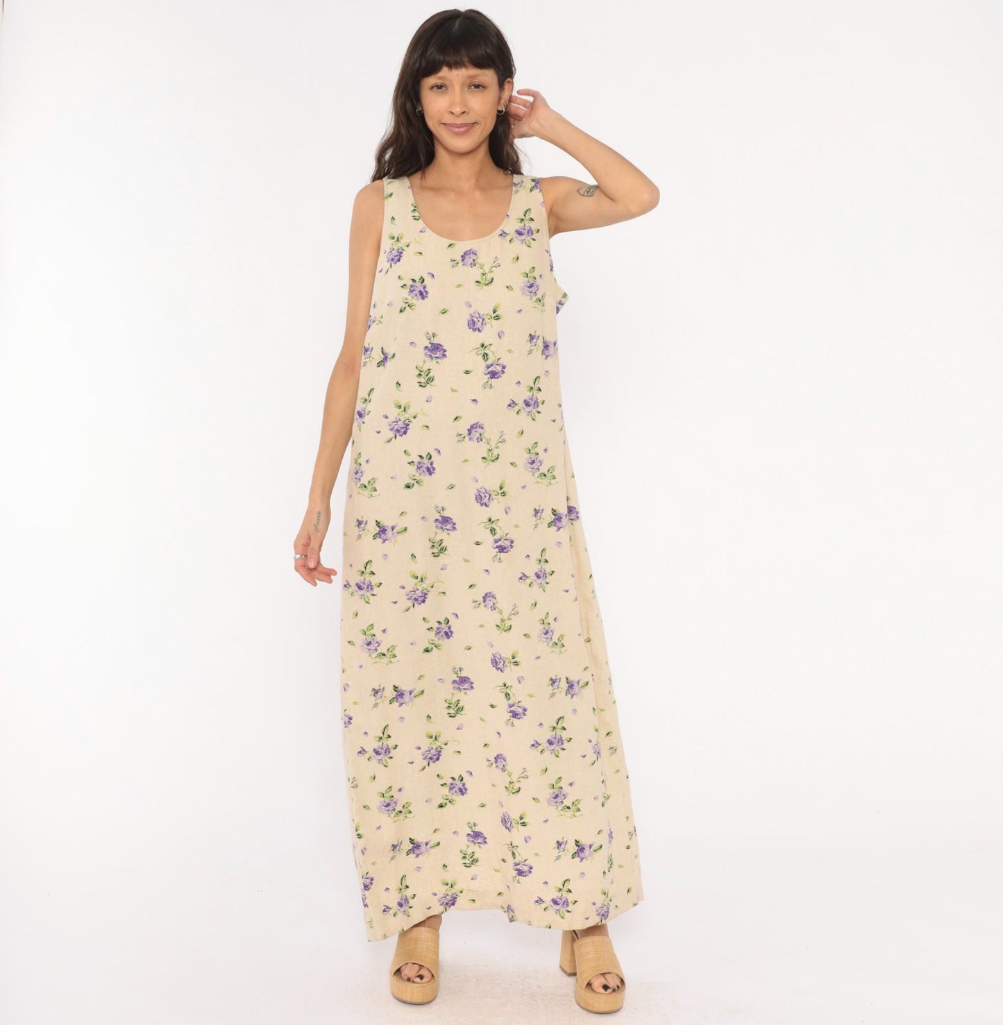 90s Liz Baker Floral Linen Maxi Dress Purple Rose Cream Tank Sleeveless Extra Large XXL