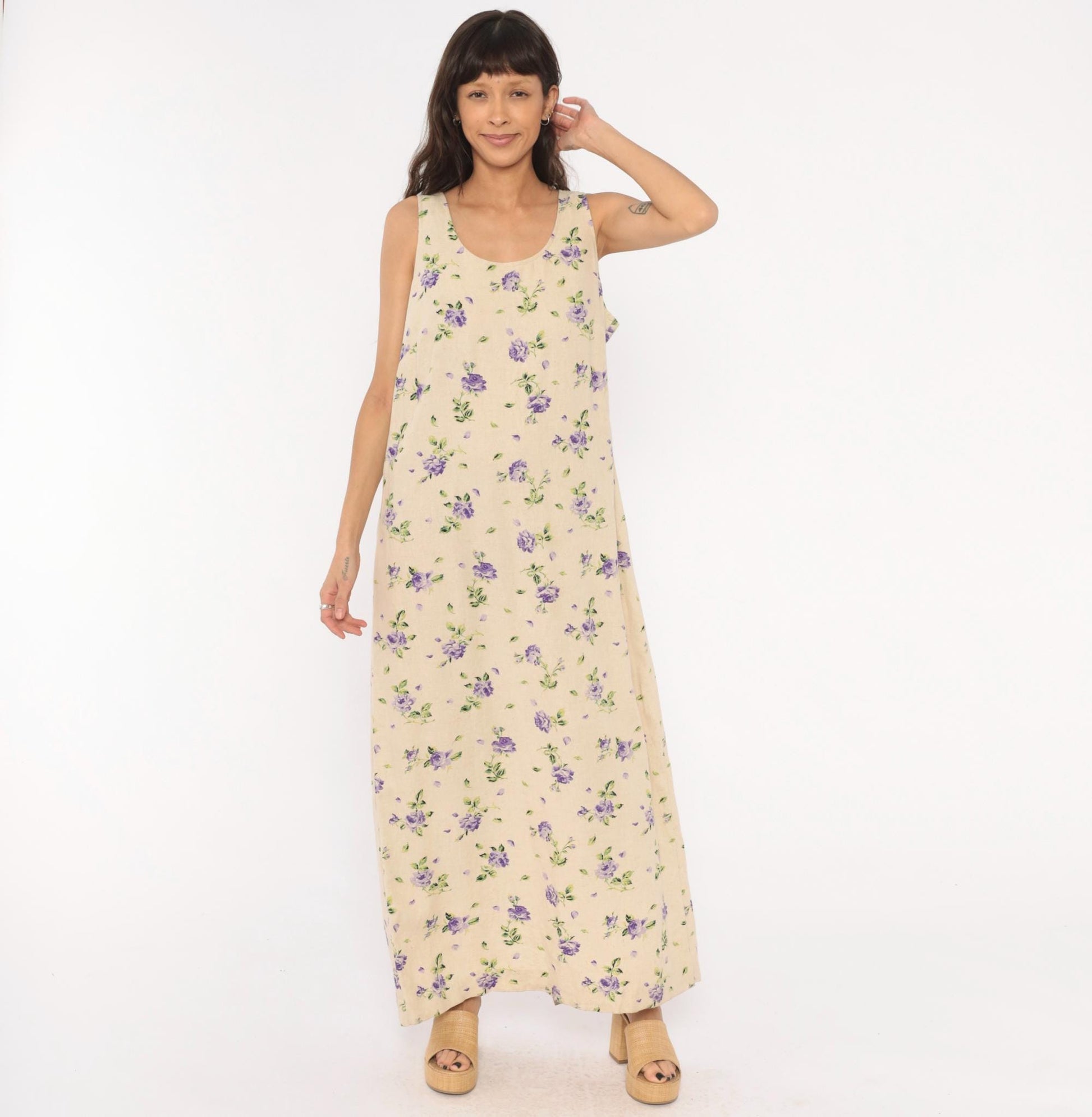 90s Liz Baker Floral Linen Maxi Dress Purple Rose Cream Tank Sleeveless Extra Large XXL