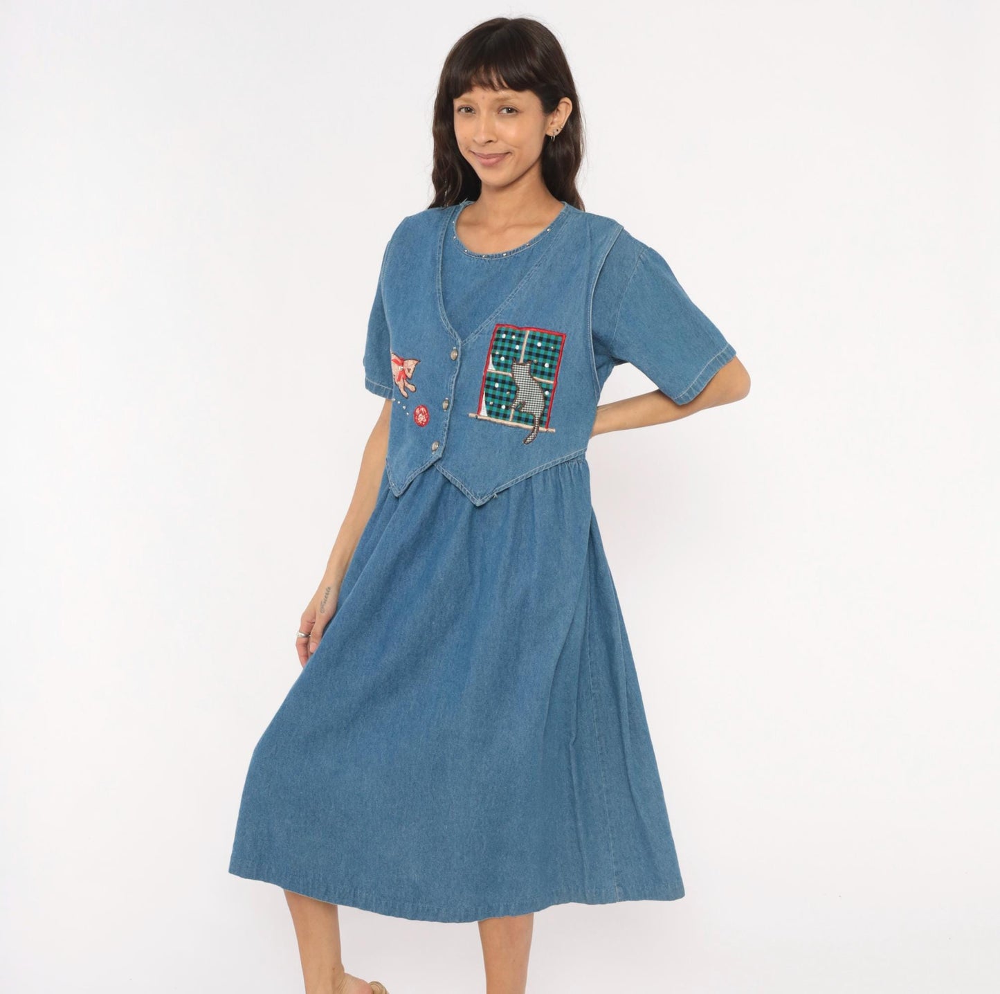 90s Miss & Mrs Cat Denim Midi Dress Patchwork Kitten Window V-Neck Cotton Large L