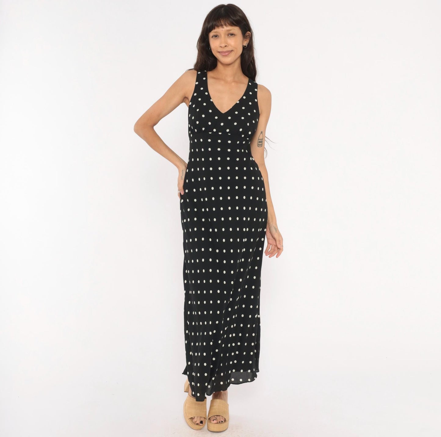 90s Alyn Paige Polka Dot Maxi Dress Black White V Neck Empire Waist Medium M