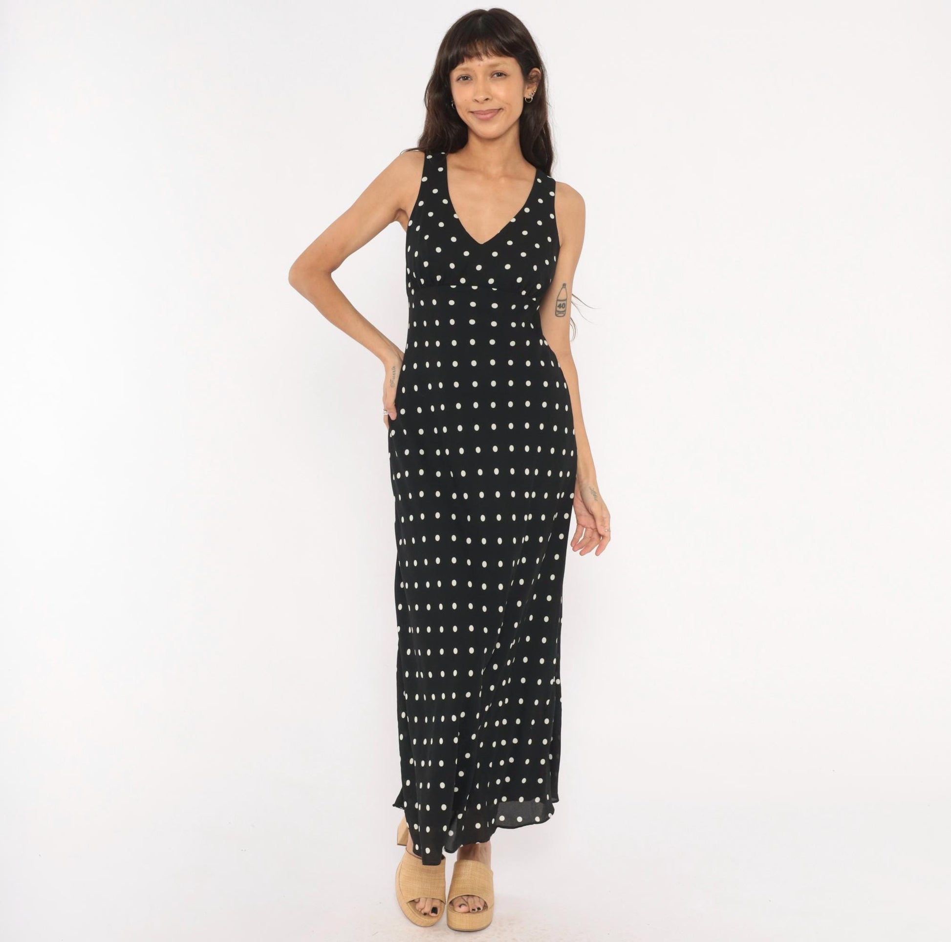 90s Alyn Paige Polka Dot Maxi Dress Black White V Neck Empire Waist Medium M