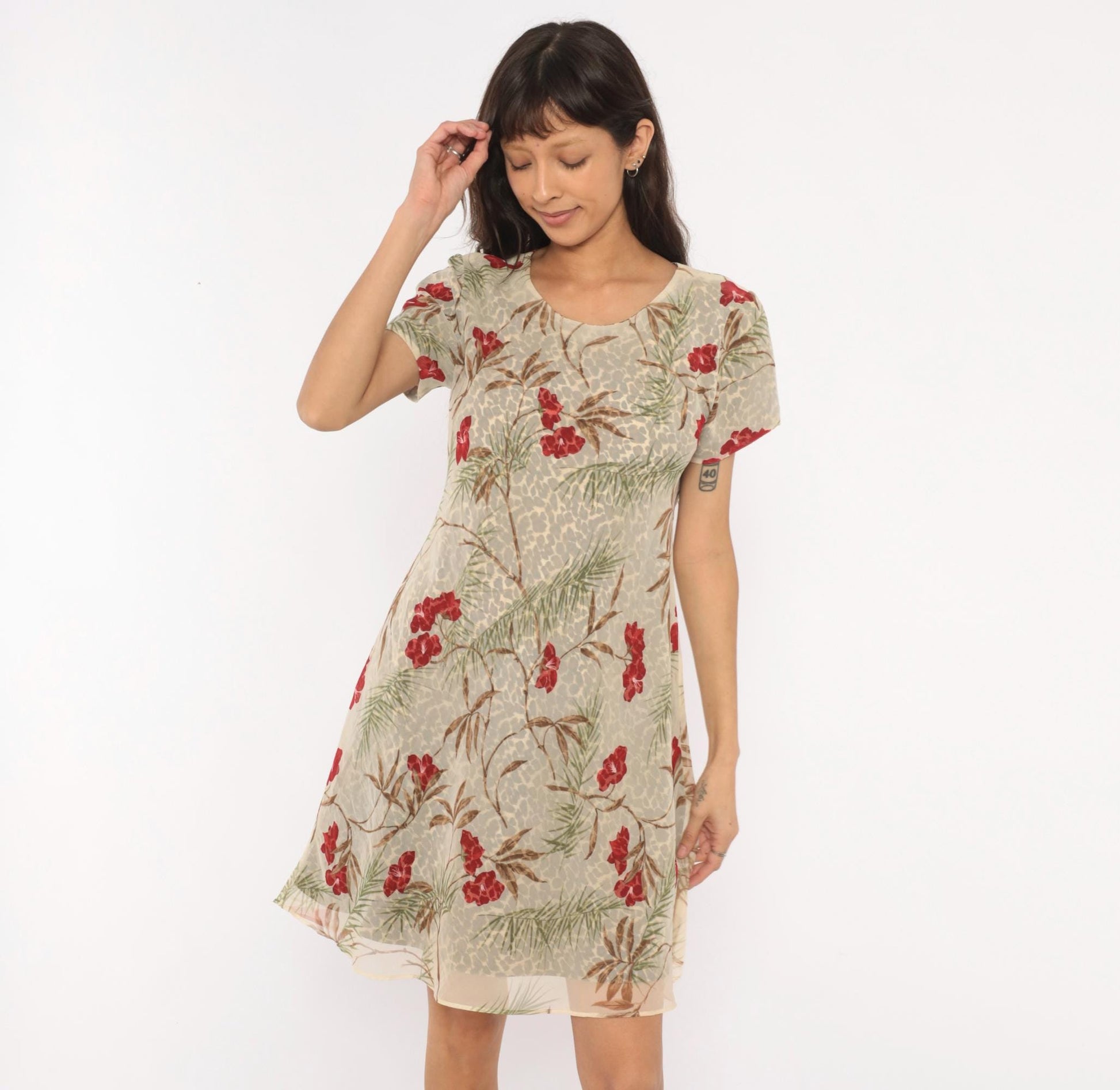 90s Jessica Howard Leopard Floral A-Line Dress Tan Tropical Print Medium M