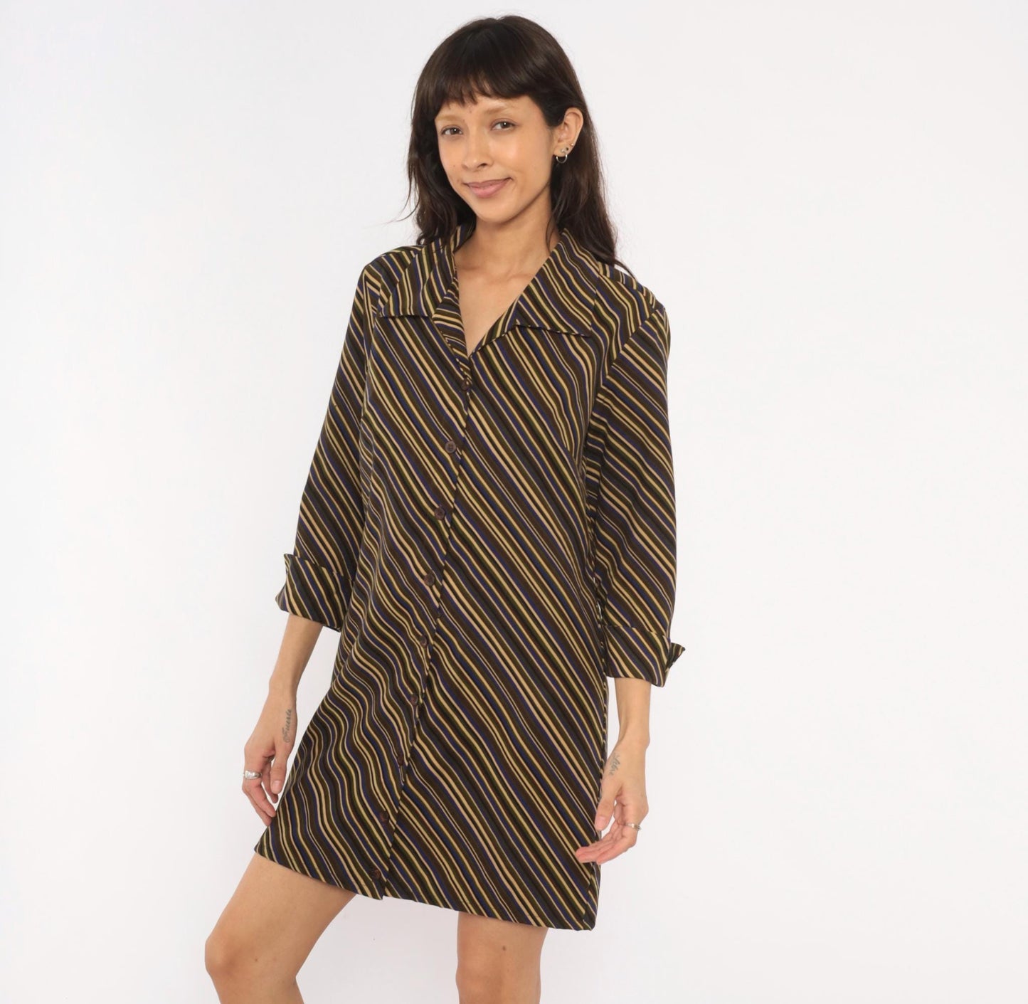 Y2K Selene Sport Striped Shirt Dress Olive Navy Gold Mini Medium M