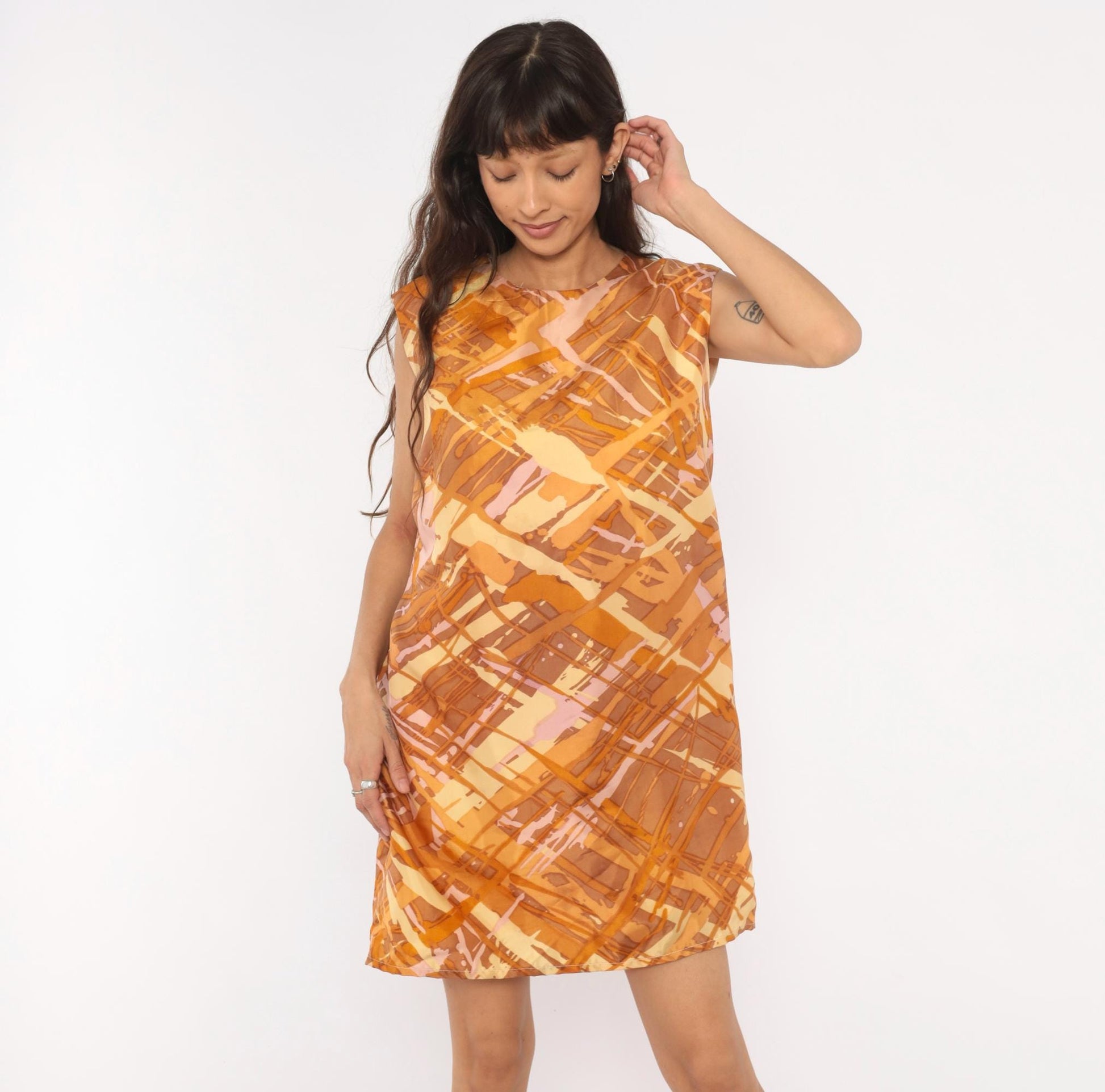 60s Mod Abstract Brushstroke Shift Dress Sleeveless Knee-Length Orange Brown Large L