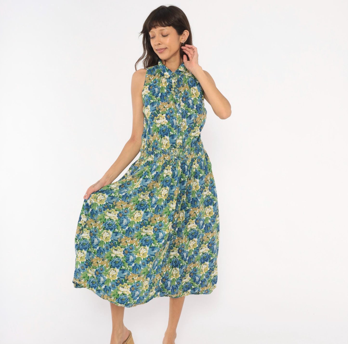 90s Penbrooke Lane Floral Shirtdress Midi Collared Sleeveless Blue Rose Medium M