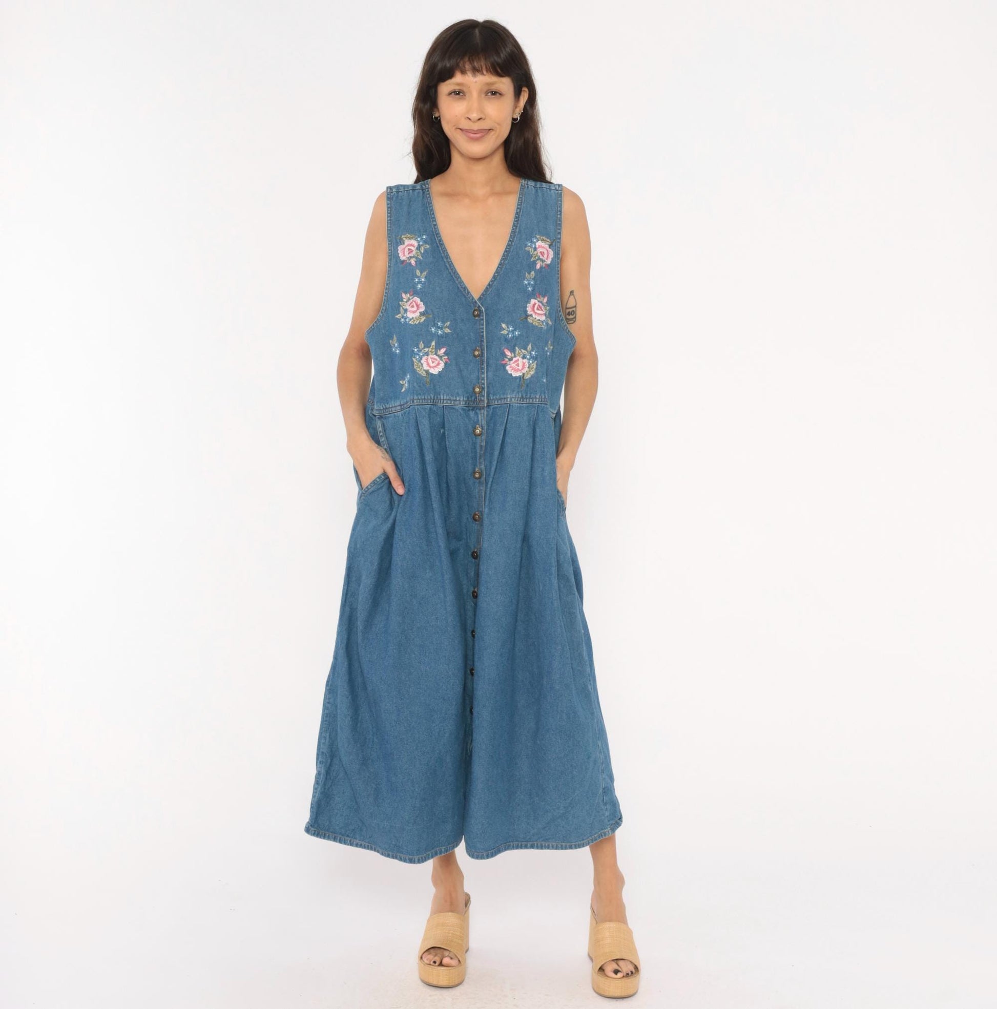 90s Casual Corner Denim Maxi Dress Floral Embroidered V-Neck Button Front Large