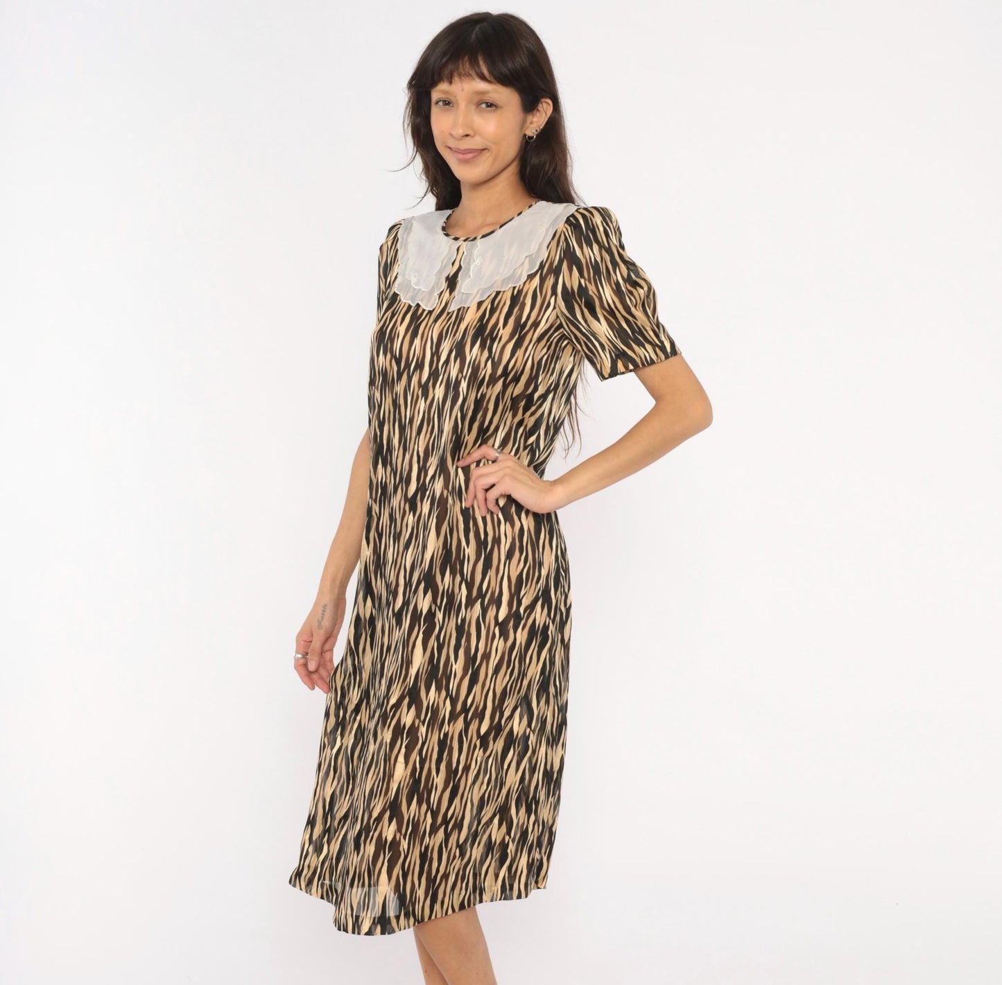 80s Animal Print Shift Dress Peter Pan Collar Tiger Stripe Midi Small