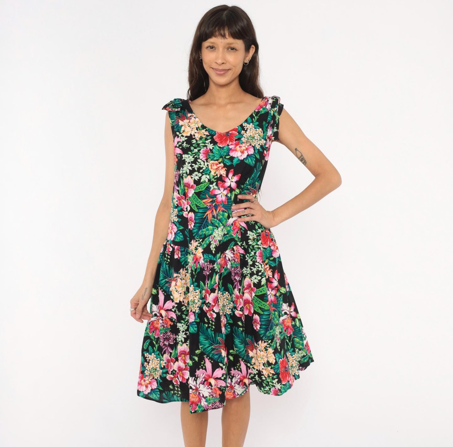 90s D.L. Originals Tropical Floral Sundress Black Pink Cotton Plus Size 1X
