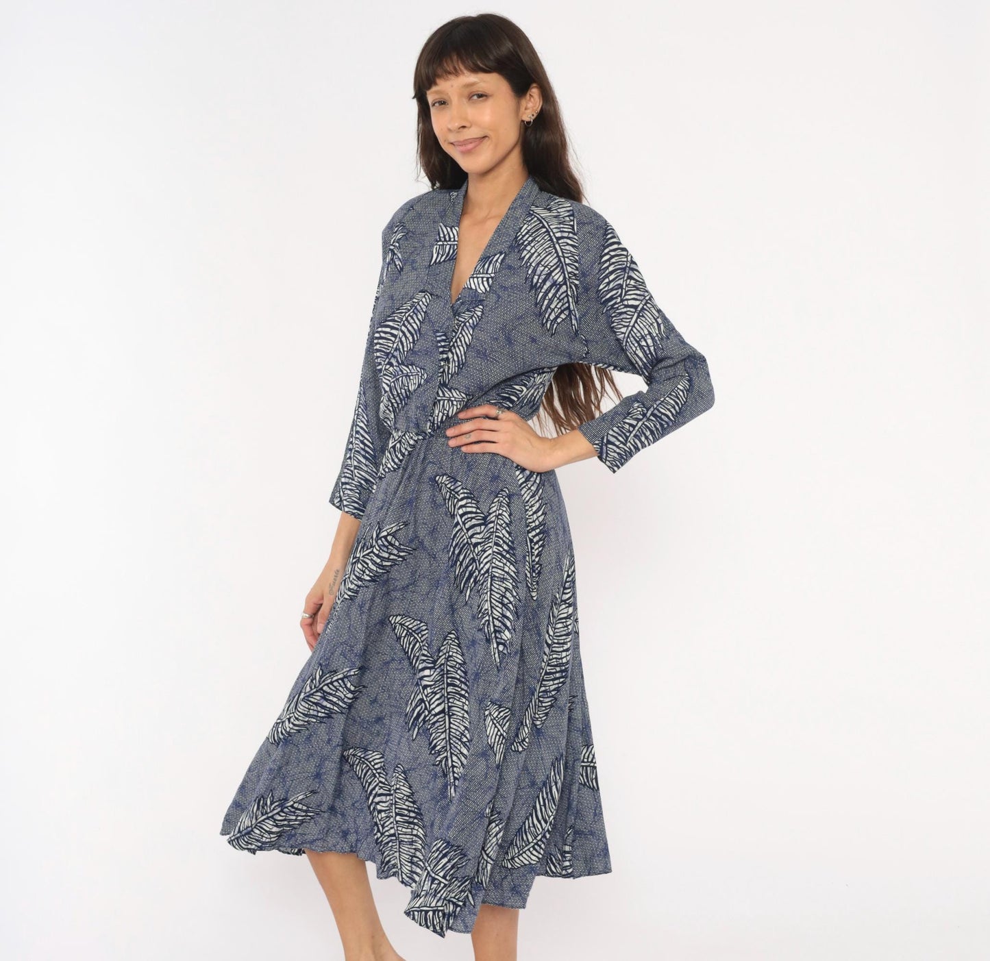 90s Kono Fern Leaf Wrap Dress Cobalt Navy Midi A-Line Small S