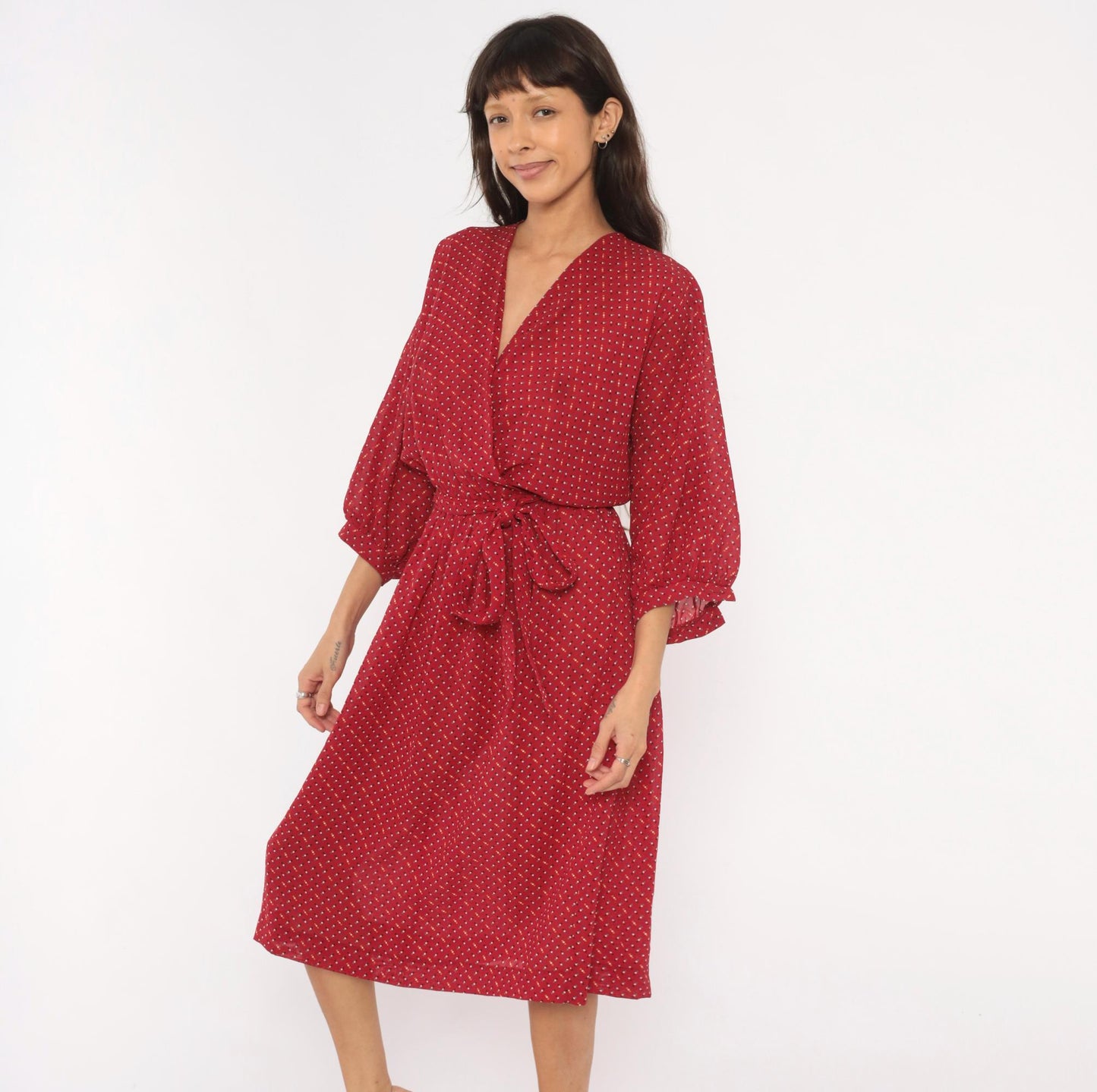 80s Virgo Il Burgundy Wrap Dress Dotted Print Knee-Length V-Neck Extra Large