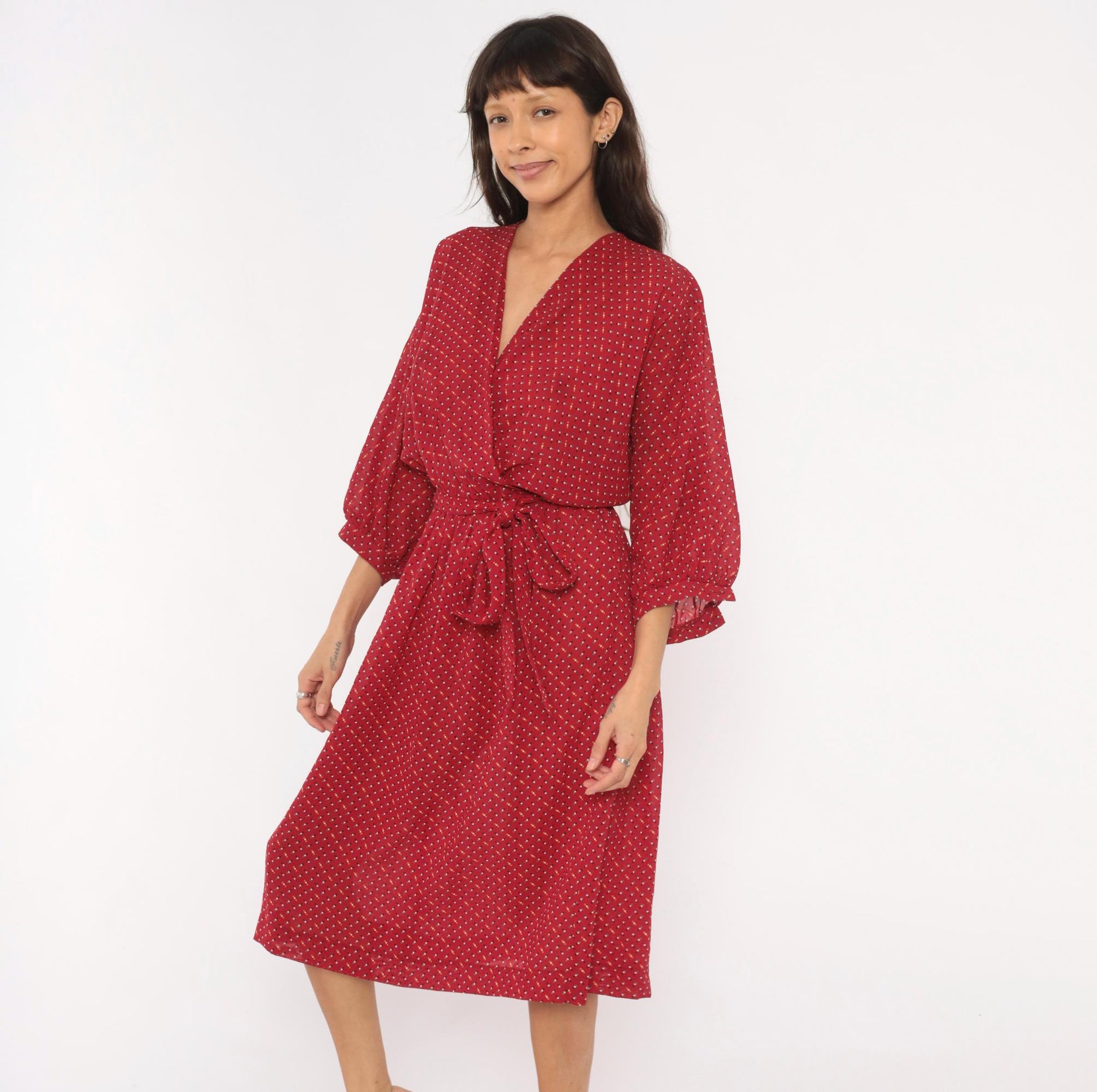 80s Virgo Il Burgundy Wrap Dress Dotted Print Knee-Length V-Neck Extra Large