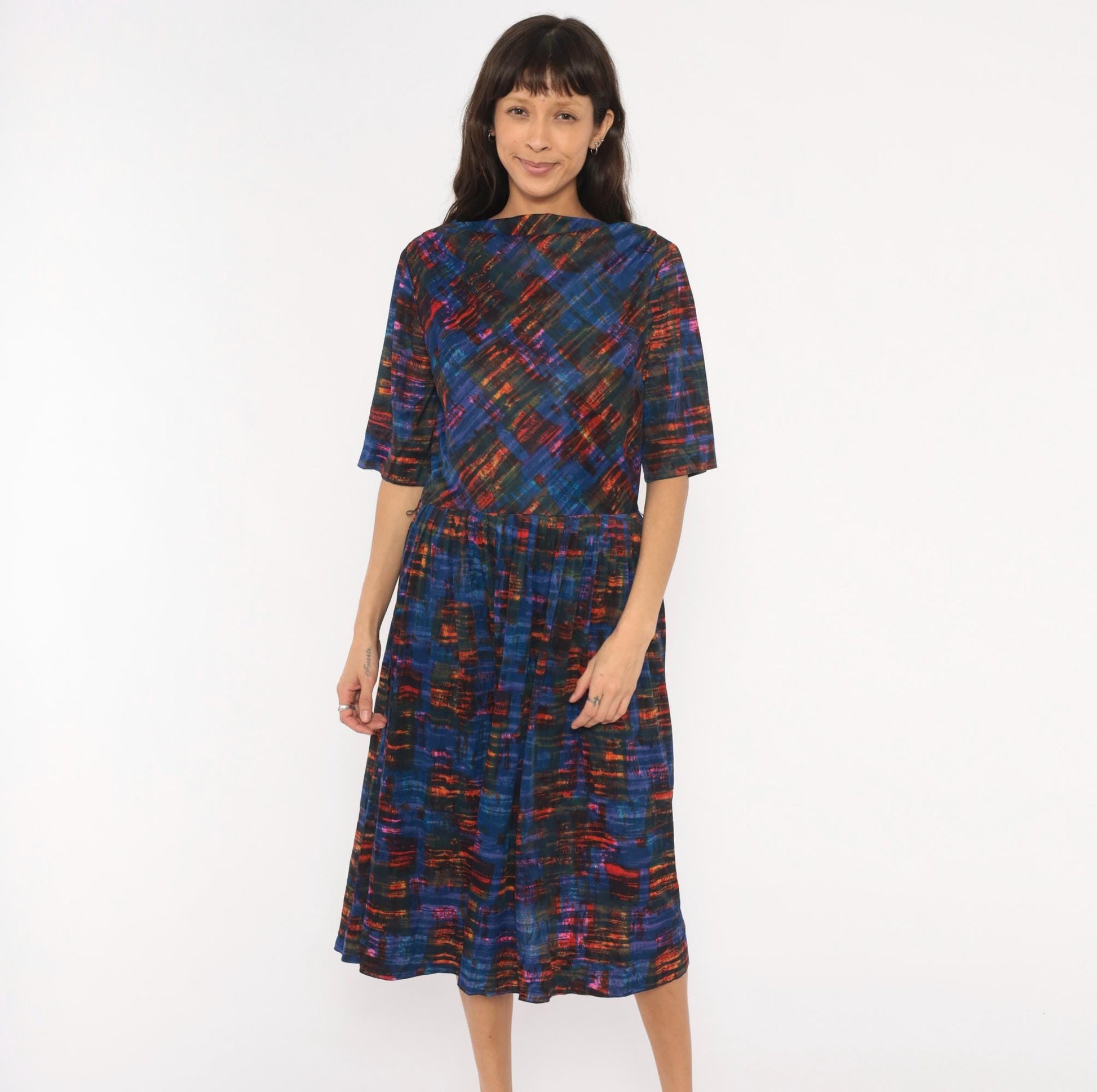 1960s L'Aiglon Cobalt Orange Plaid Dress Boat Neck Pleated Midi Large