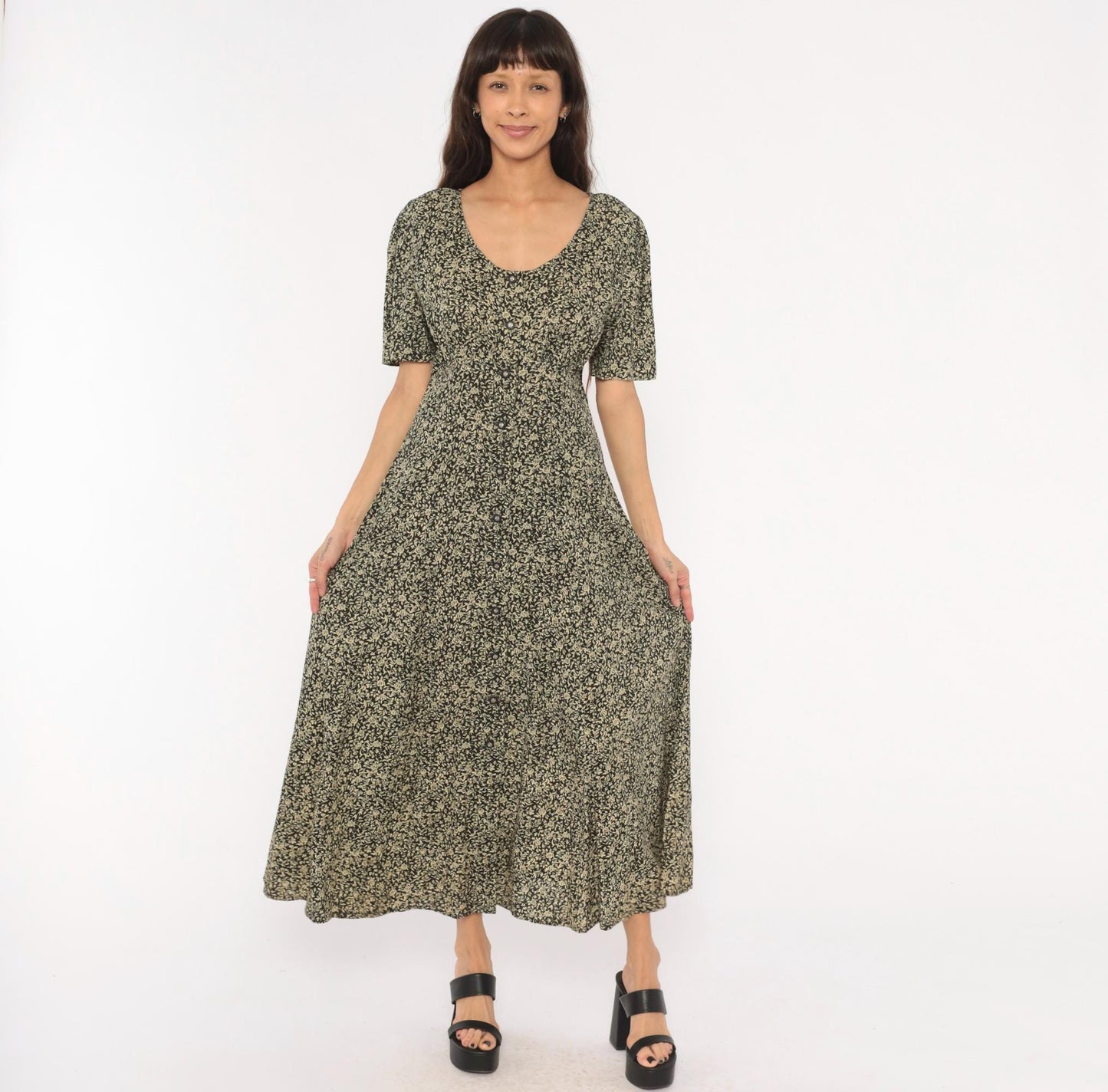 90s All That Jazz Floral Maxi Dress Black Cream Rose Button Front Medium