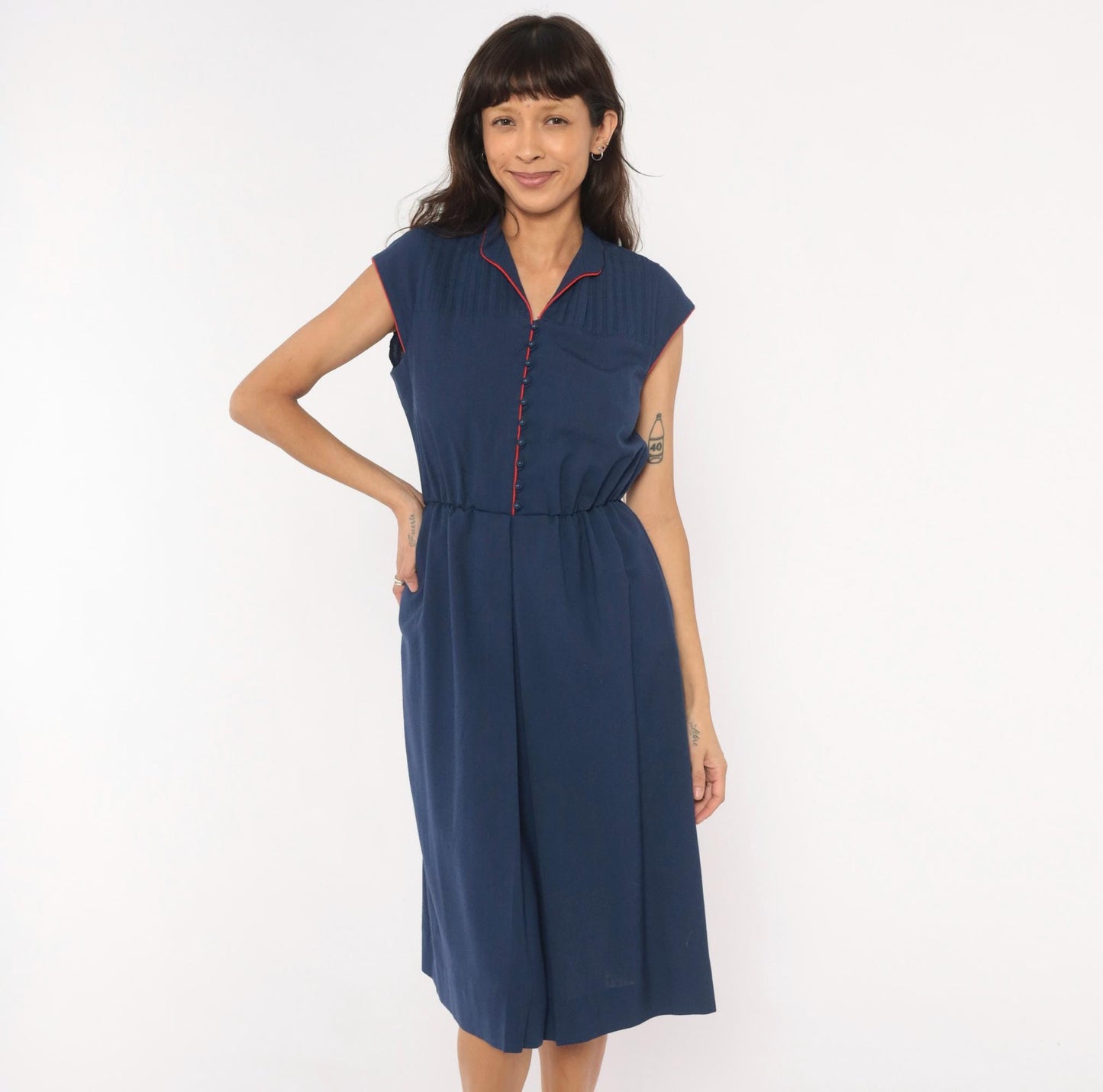 80s Leslie Fay Navy Pintuck Shirtdress Red Piping V-Neck Knee-Length Small Medium