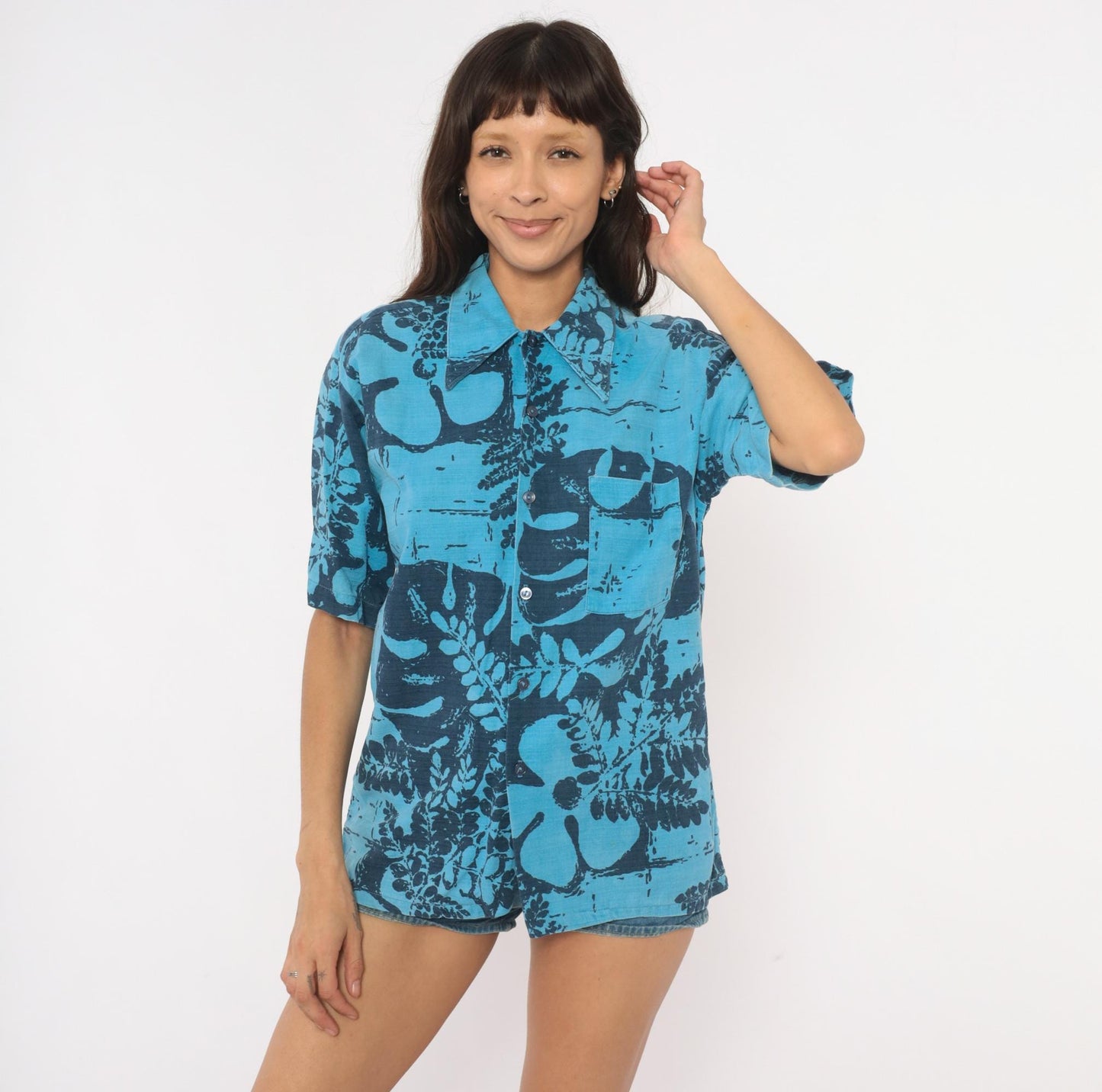 80s Alohawaii Hawaiian Shirt Blue Botanical Fern Cotton Camp Collar Medium