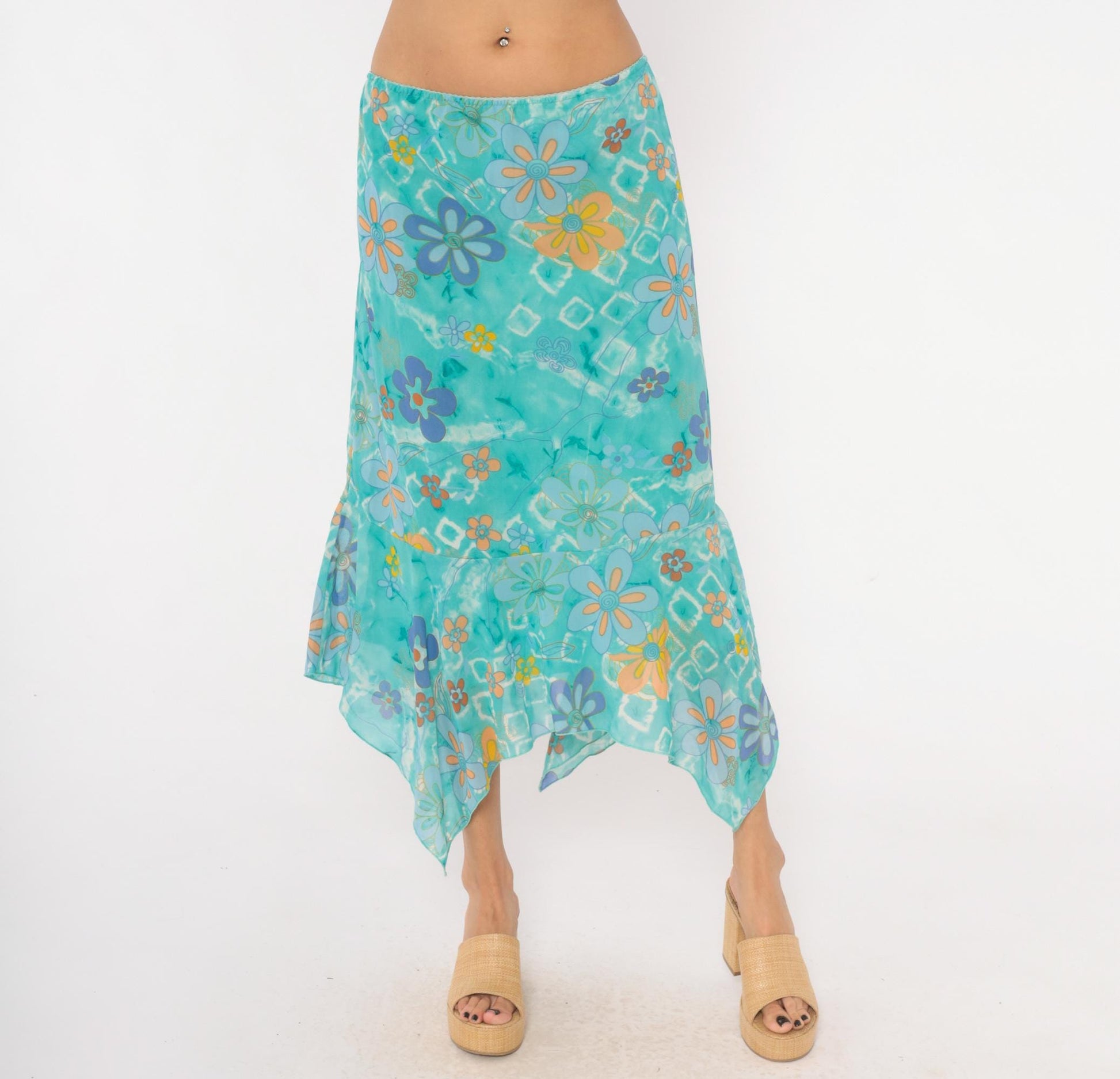 Y2K Millenium Psychedelic Handkerchief Midi Skirt Turquoise Floral Extra Large XXL