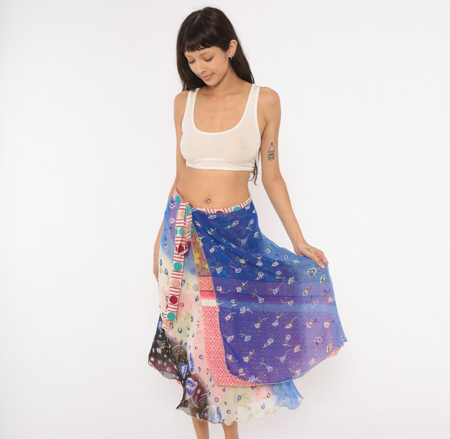Y2K Kariza Reversible Wrap Midi Skirt Floral Patchwork Blue Pink Medium Large