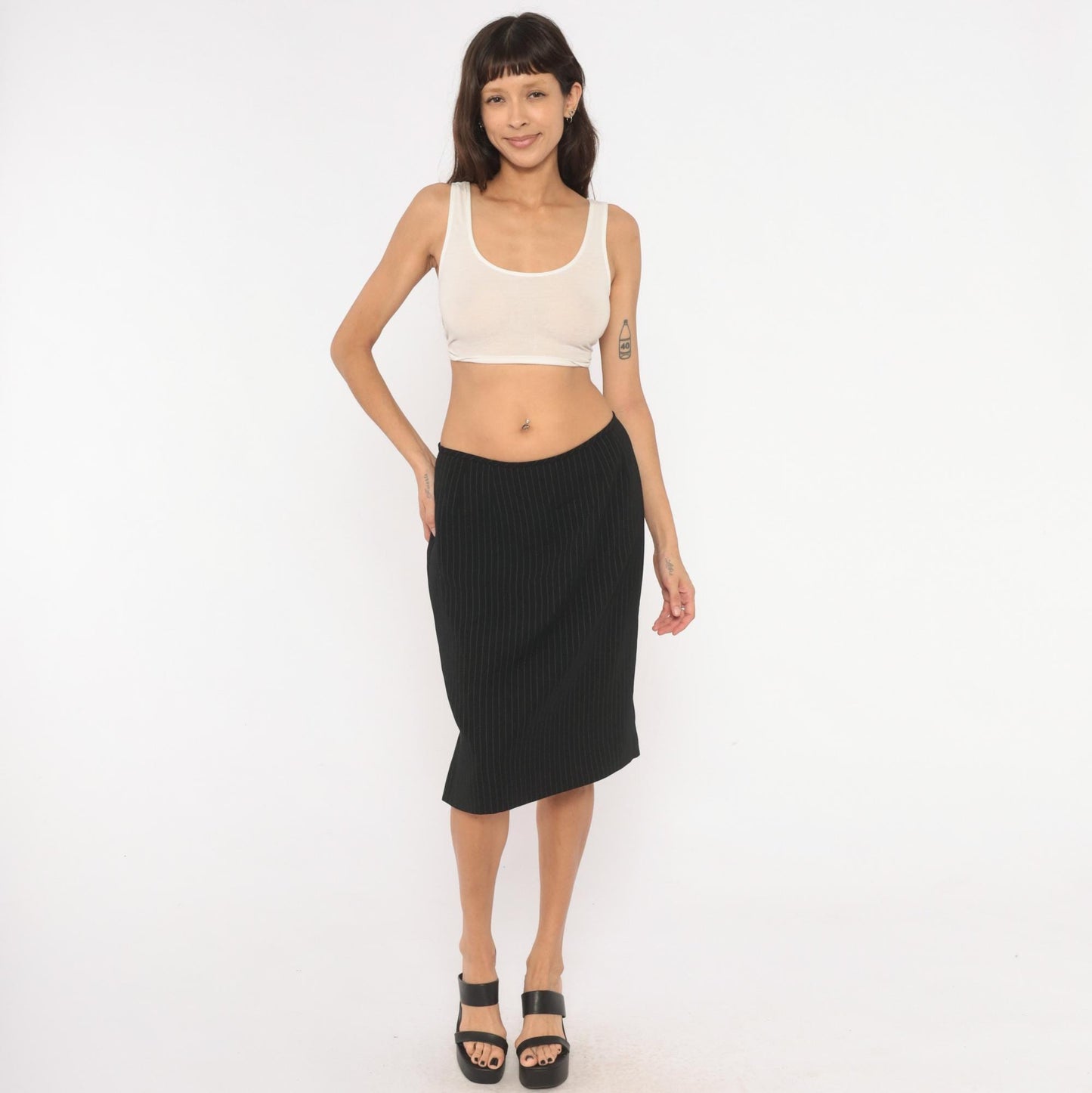 2000s Black Pinstripe A-Line Skirt White Stripe Knee-Length Medium M
