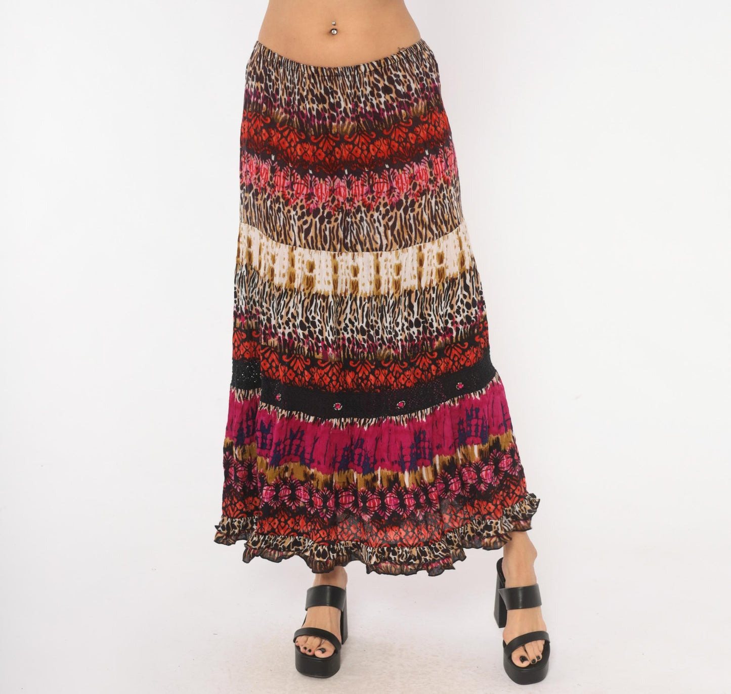 90s Forbidden Animal Print Maxi Skirt Pink Leopard Tiered XL