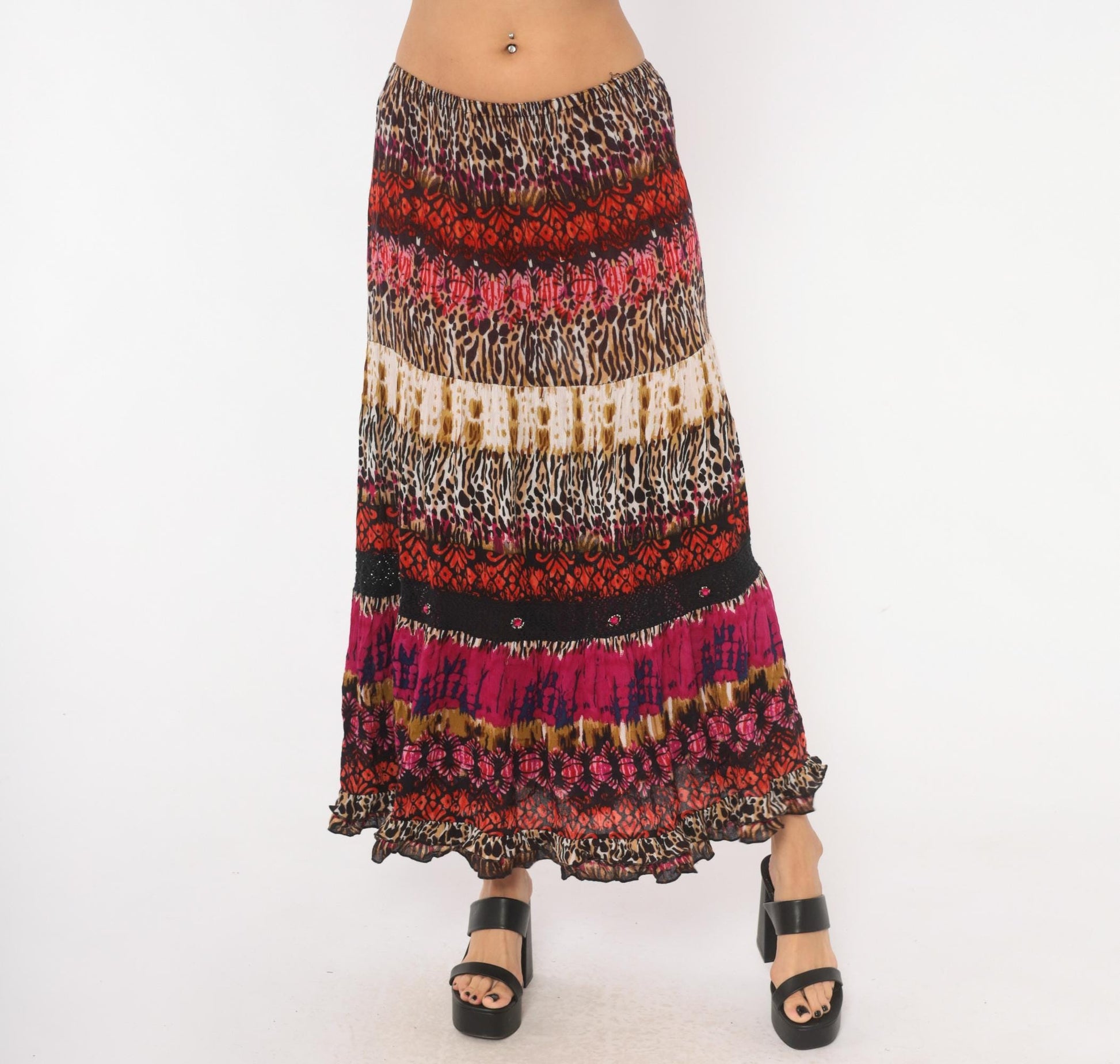 90s Forbidden Animal Print Maxi Skirt Pink Leopard Tiered XL