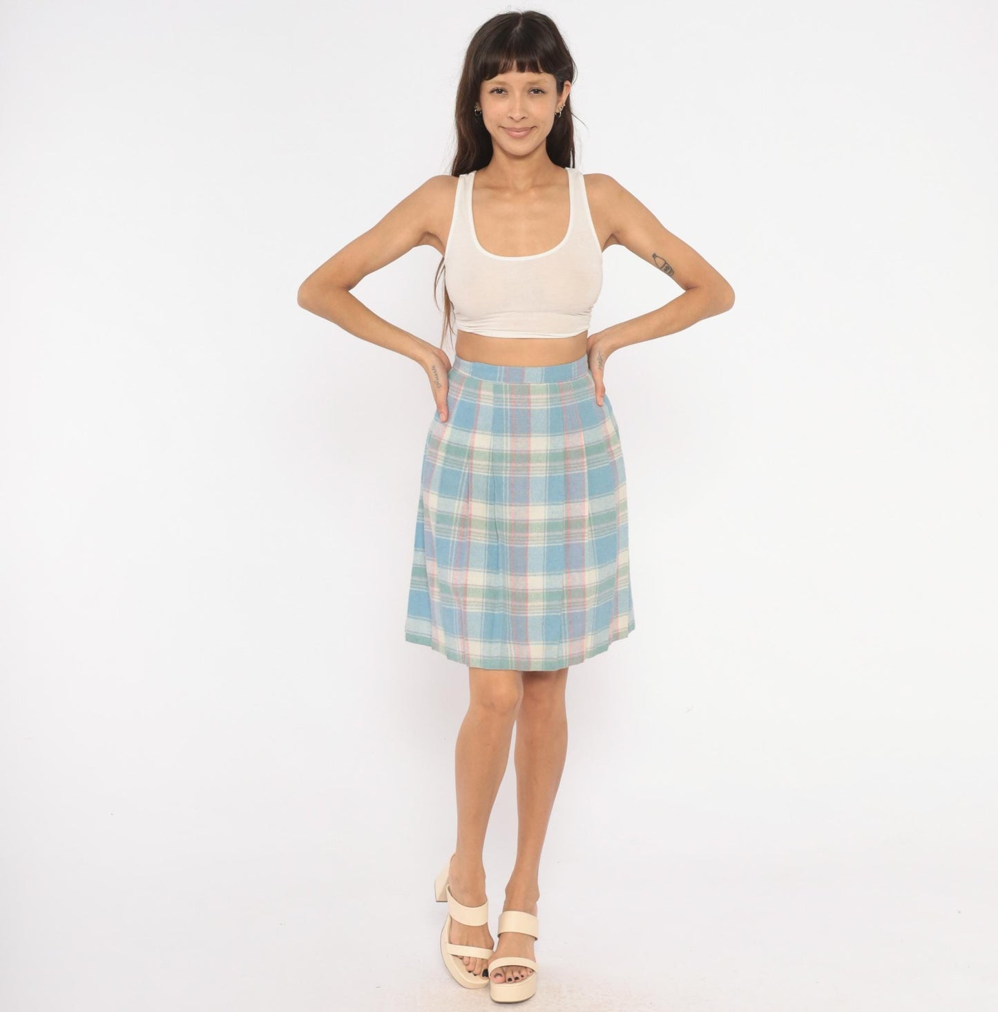 90s Pastel Plaid Pleated Skirt Wool Blend Blue Pink Green Tartan Knee-Length Extra Small