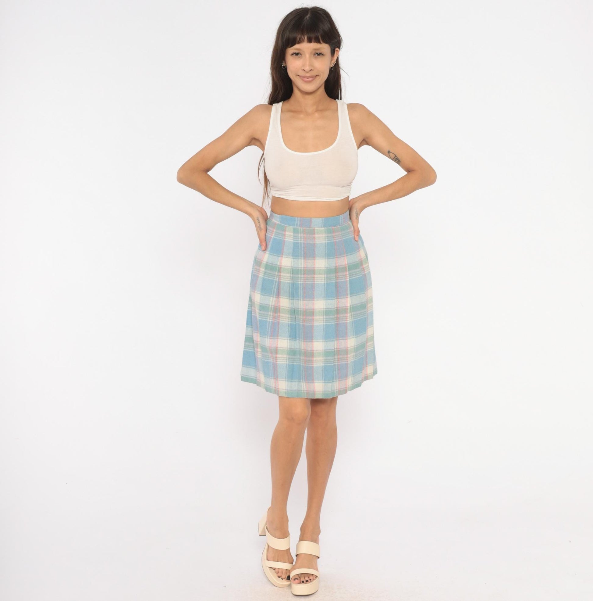 90s Pastel Plaid Pleated Skirt Wool Blend Blue Pink Green Tartan Knee-Length Extra Small