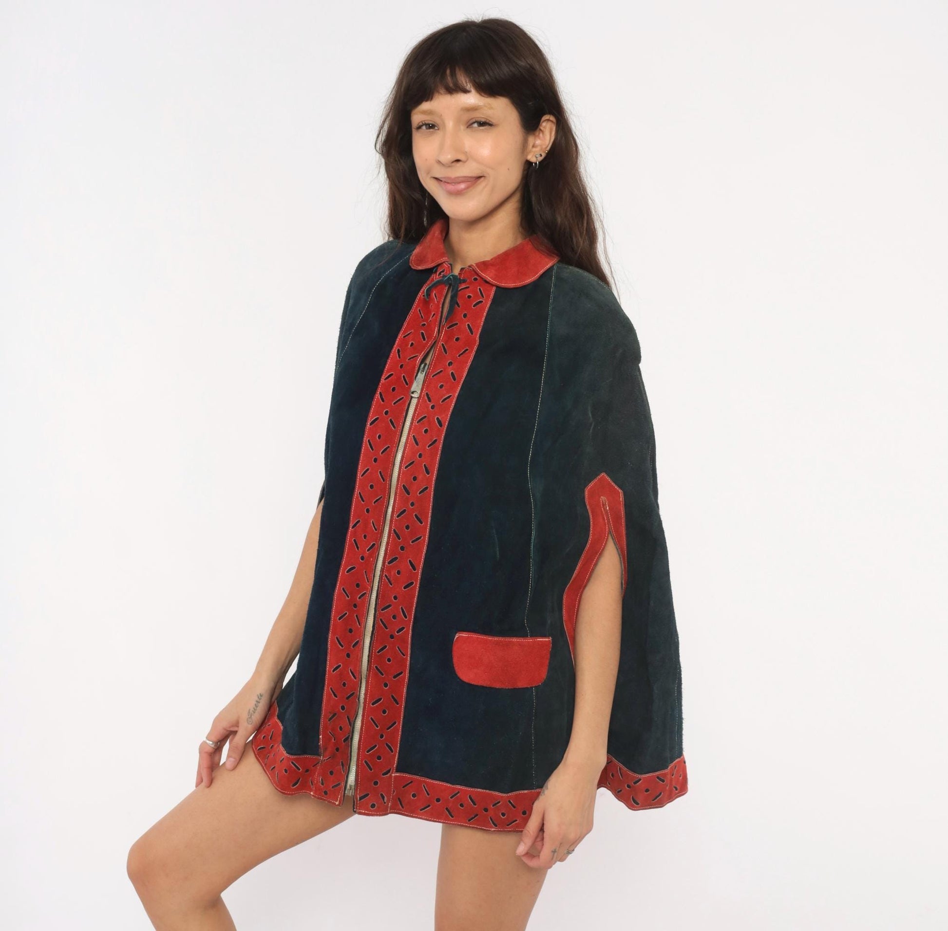 1970s Navy Suede Cape Red Leather Trim Peter Pan Collar Mod Poncho Small