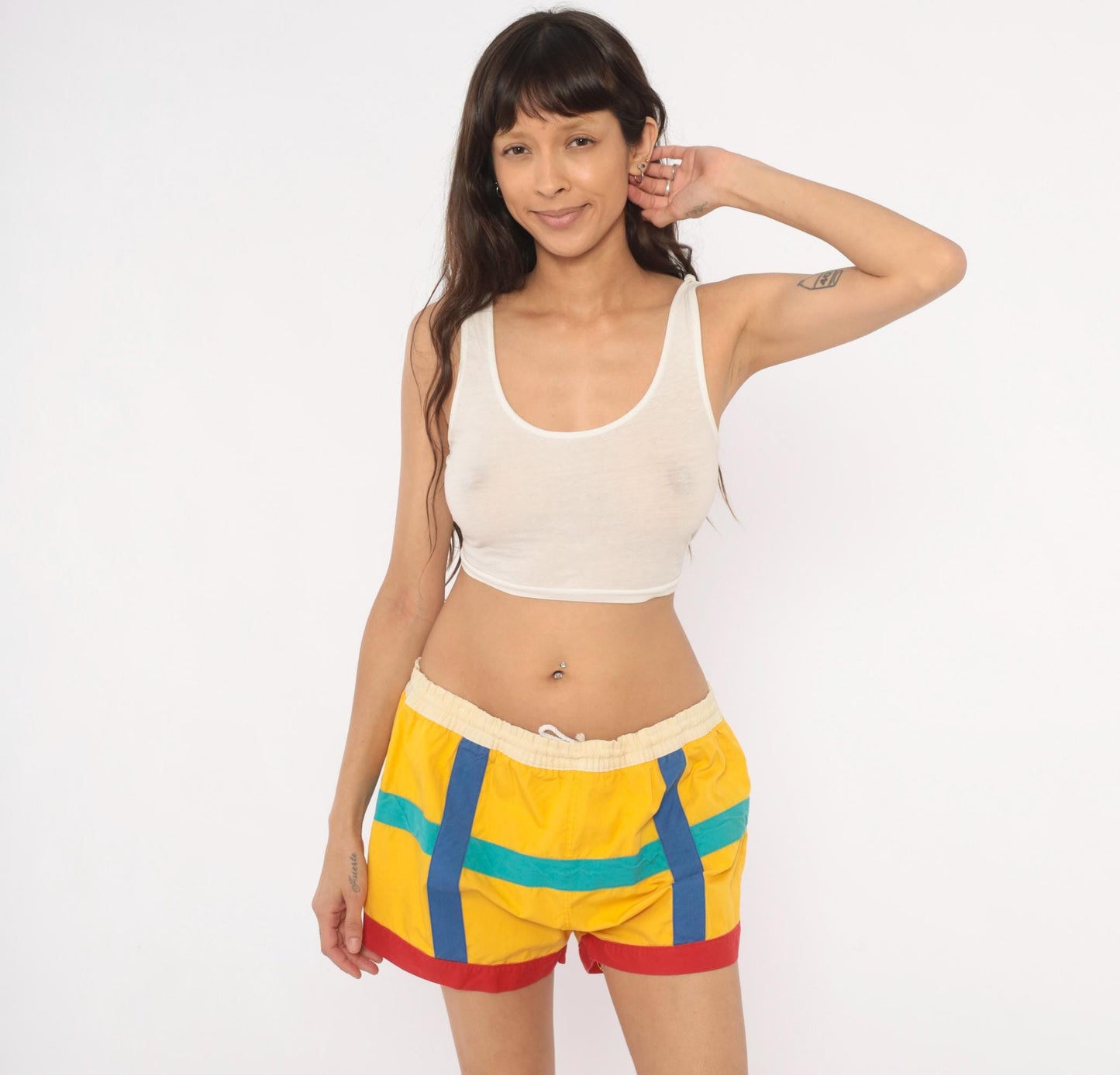 80s Freestyle Color Block Swim Shorts Yellow Teal Blue Large L