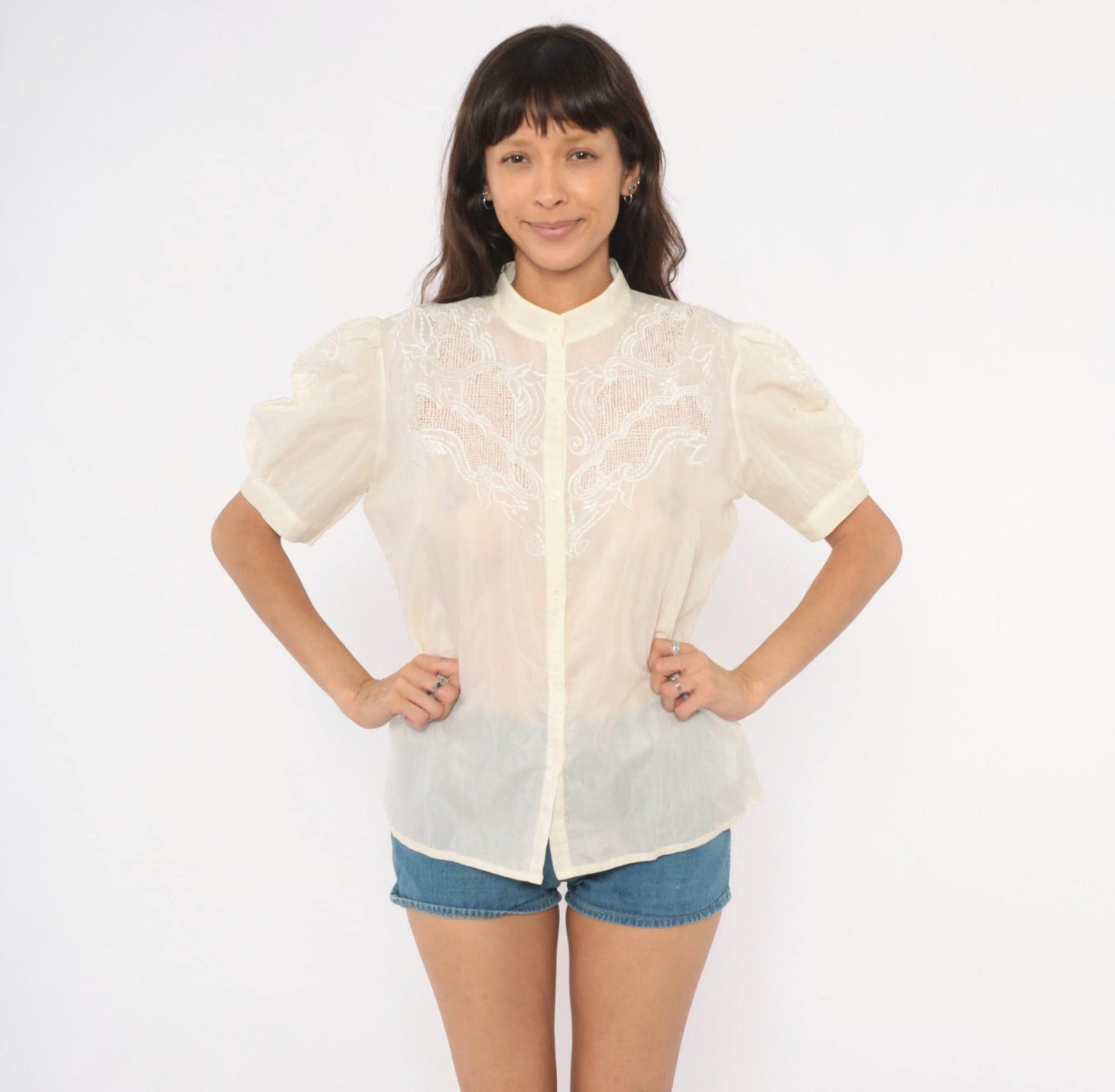 80s Cream Cutwork Embroidered Blouse Puff Sleeve Mandarin Collar Medium M