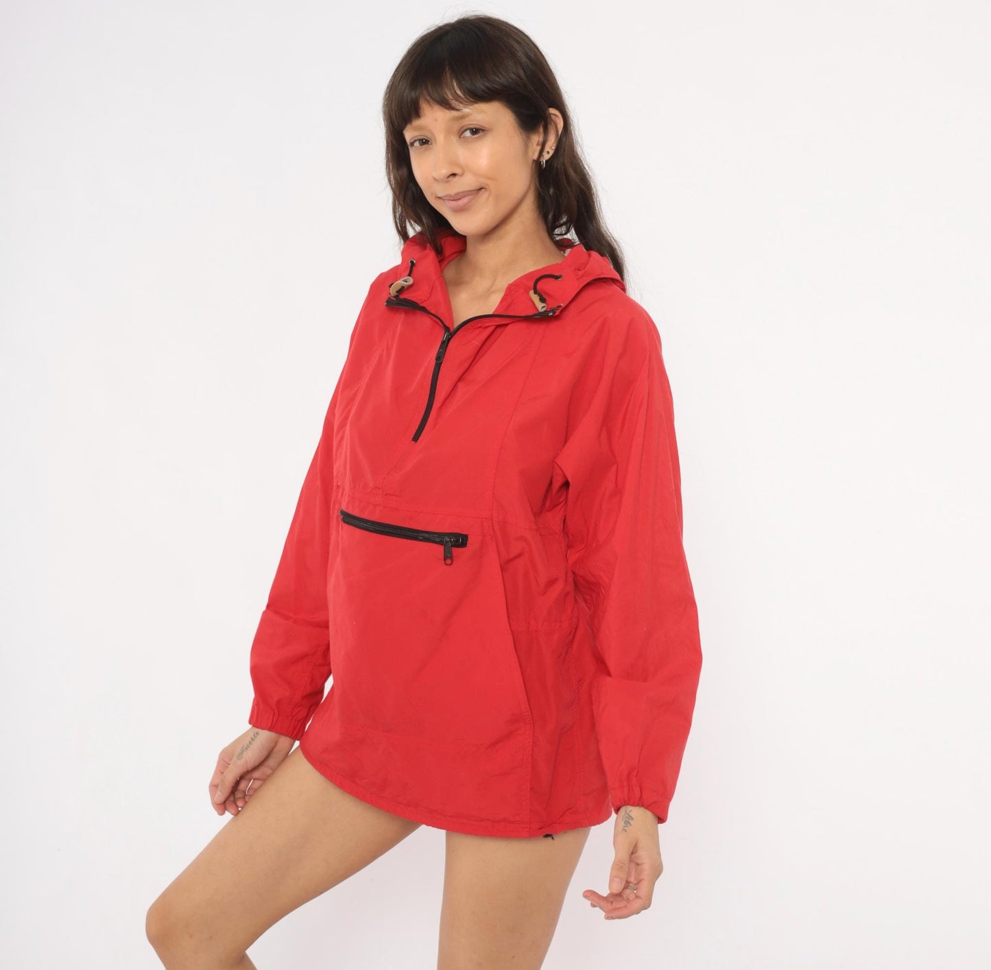 80s L.L.Bean Red Anorak Half-Zip Hooded Windbreaker Medium M