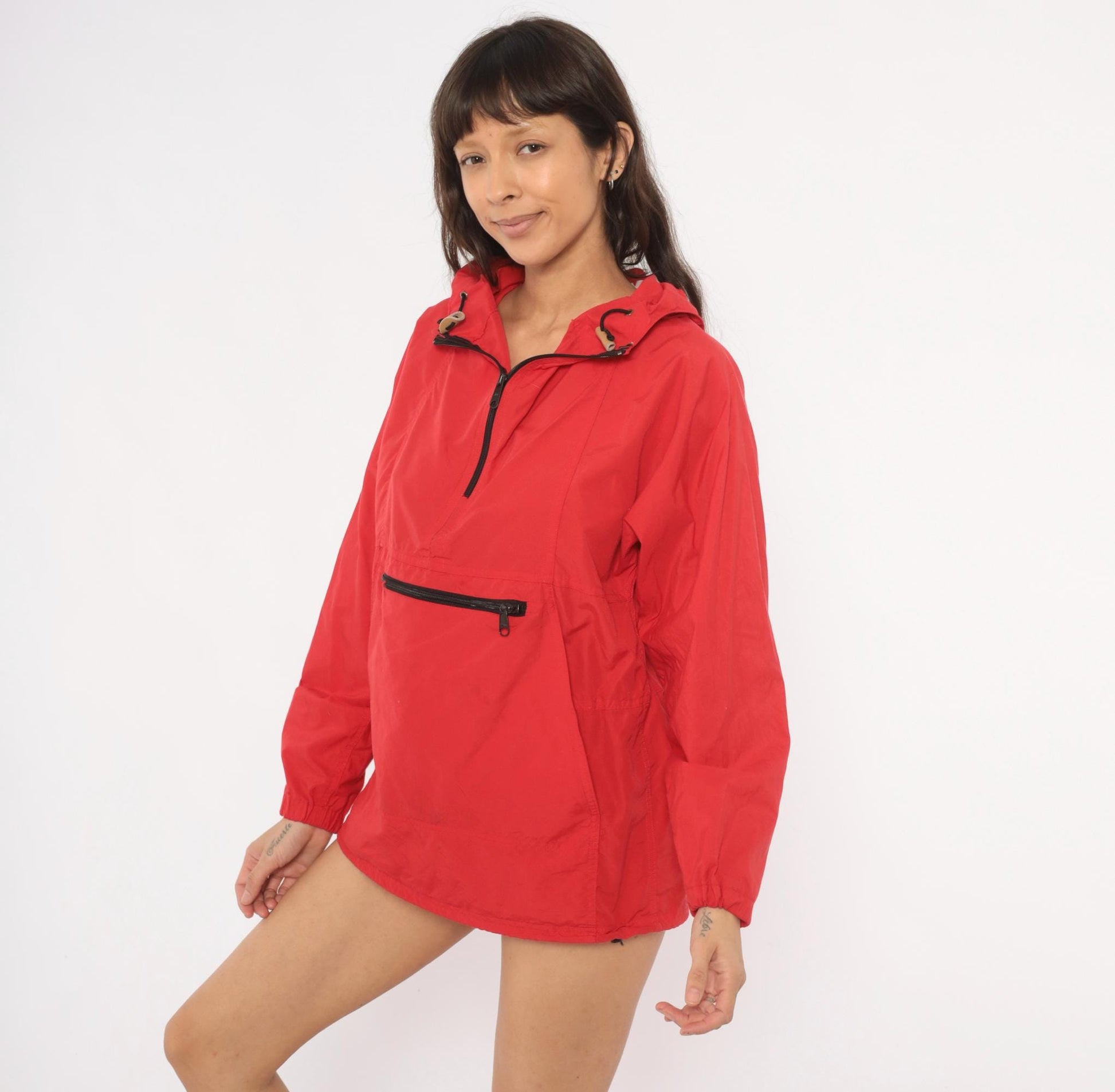 80s L.L.Bean Red Anorak Half-Zip Hooded Windbreaker Medium M