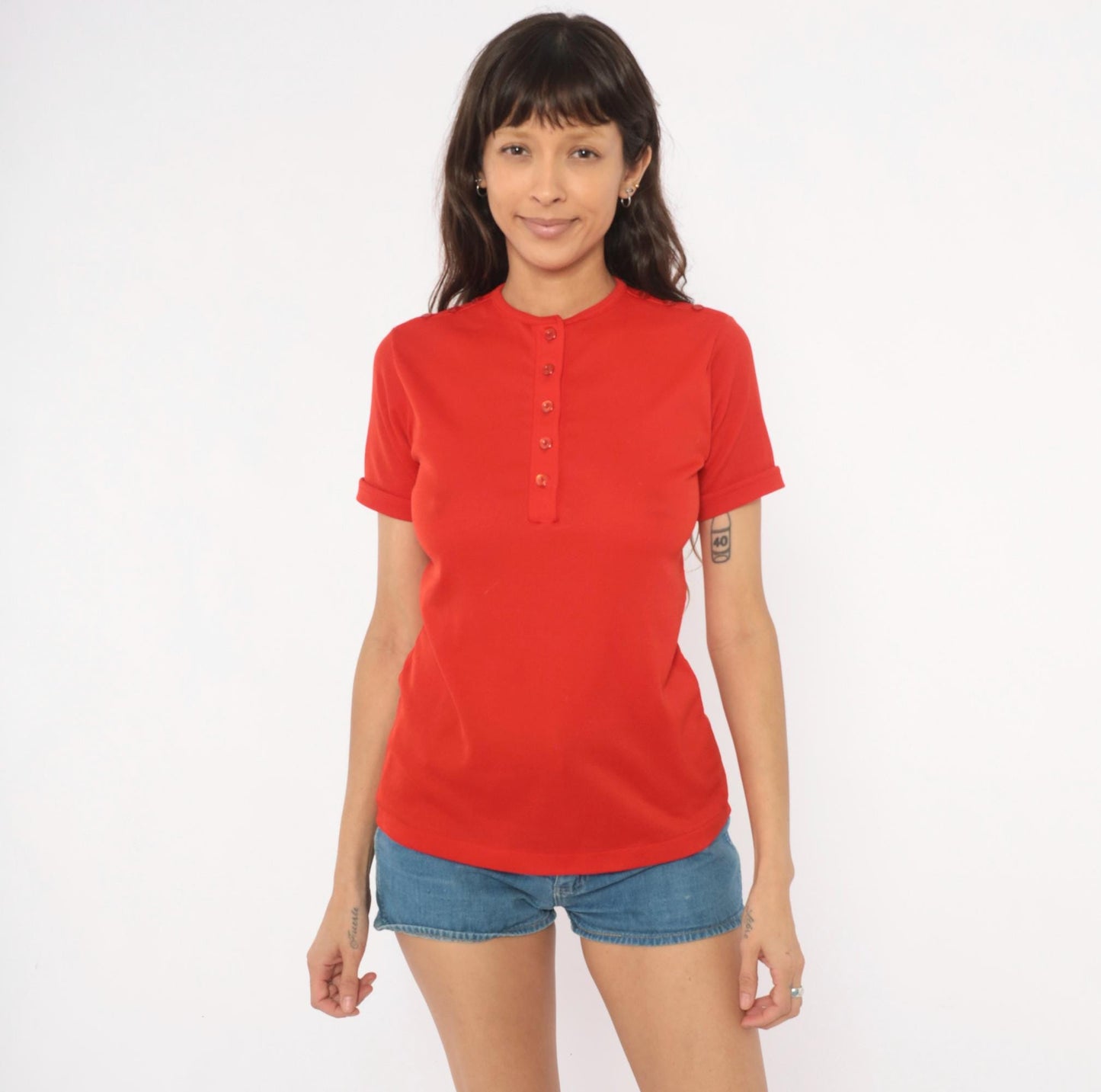 70s Red Henley Blouse Button Front Snap Shoulder Detail Fitted Small