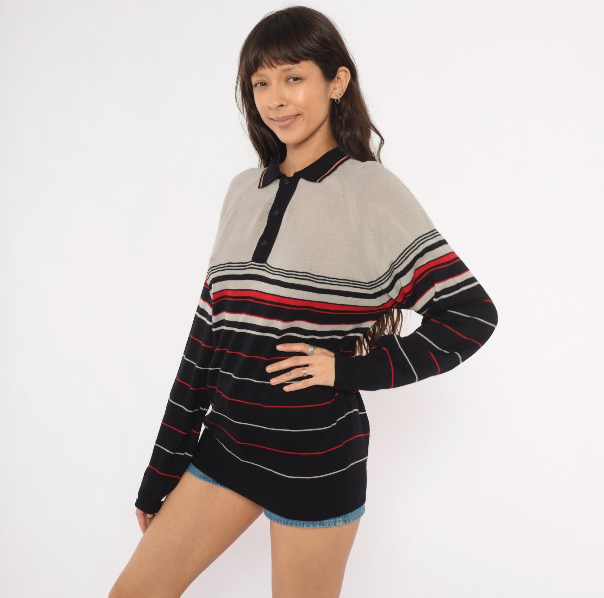 80s Colin Lt Marx Striped Polo Sweater Black Grey Red Raglan Knit Large