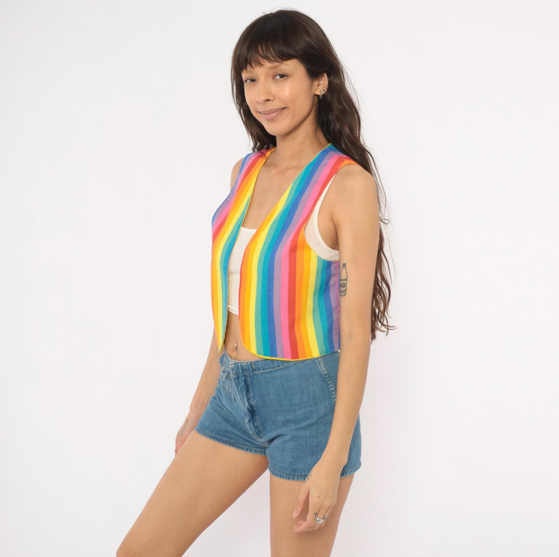 80s Rainbow Stripe Cotton Vest Reversible Yellow Lined Cropped Waistcoat Small