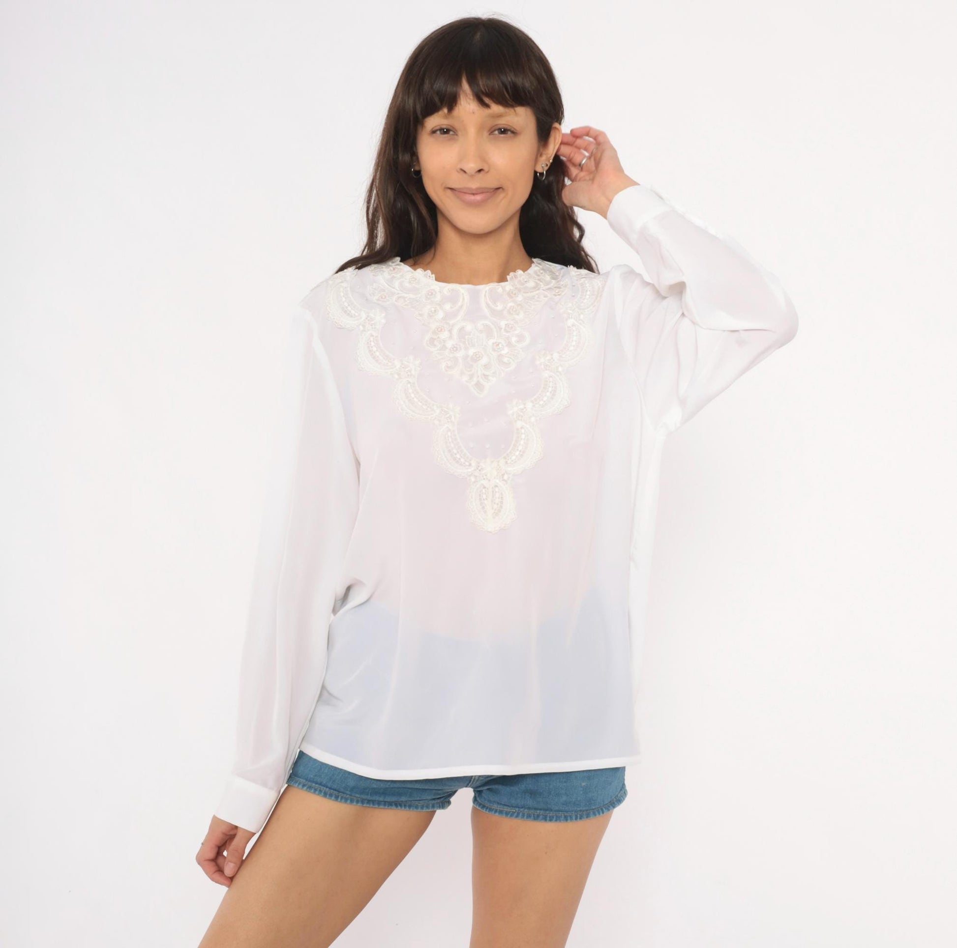 80s Kathy Che Beaded Lace Applique Chiffon Blouse White Long Sleeve Large