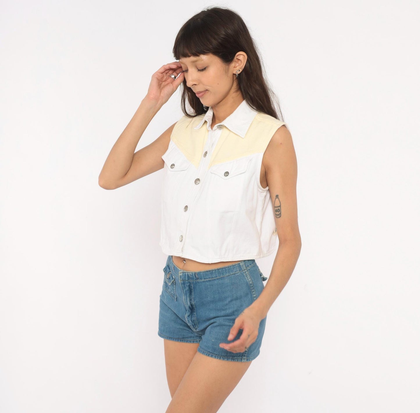 90s Ozark Western Crop Vest White Yellow Gingham Cotton Concho Medium M